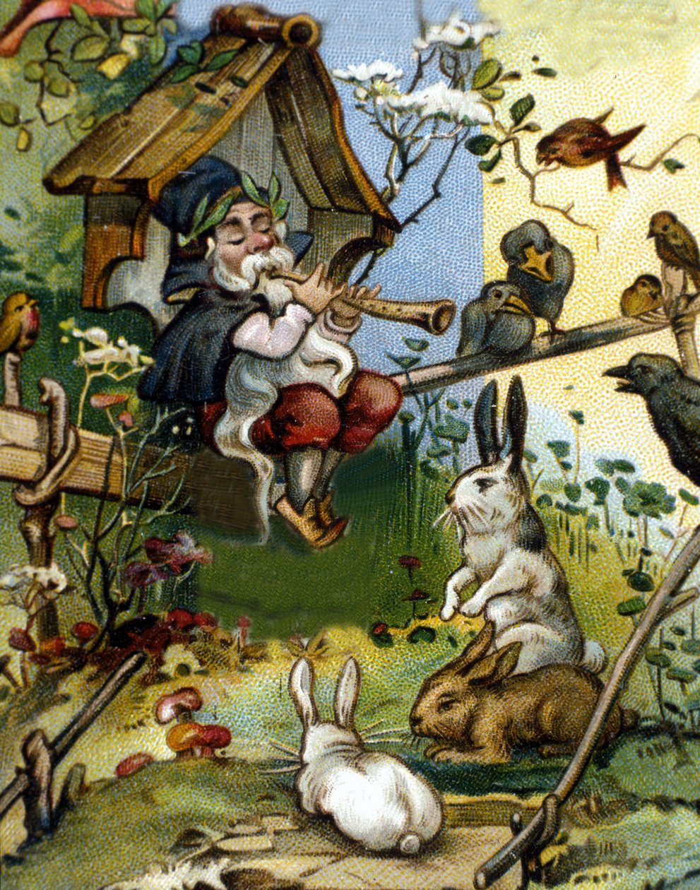 Kääpiön tai farfadet-huilusoittimen hahmo. 1800-luvun kromolitografia. tekijältä Unknown artist