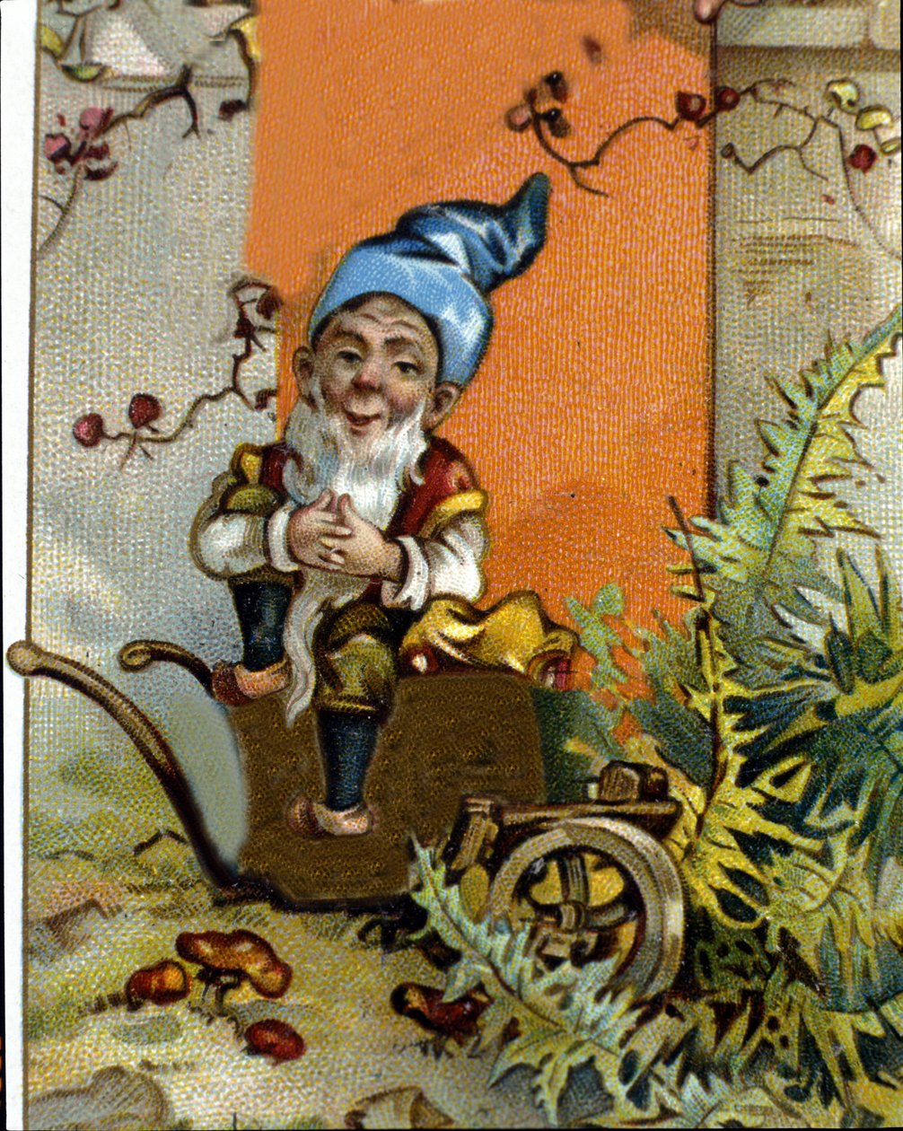 Kääpiön tai farfadetin hahmo istuu. 1800-luvun kromolitografia. tekijältä Unknown artist