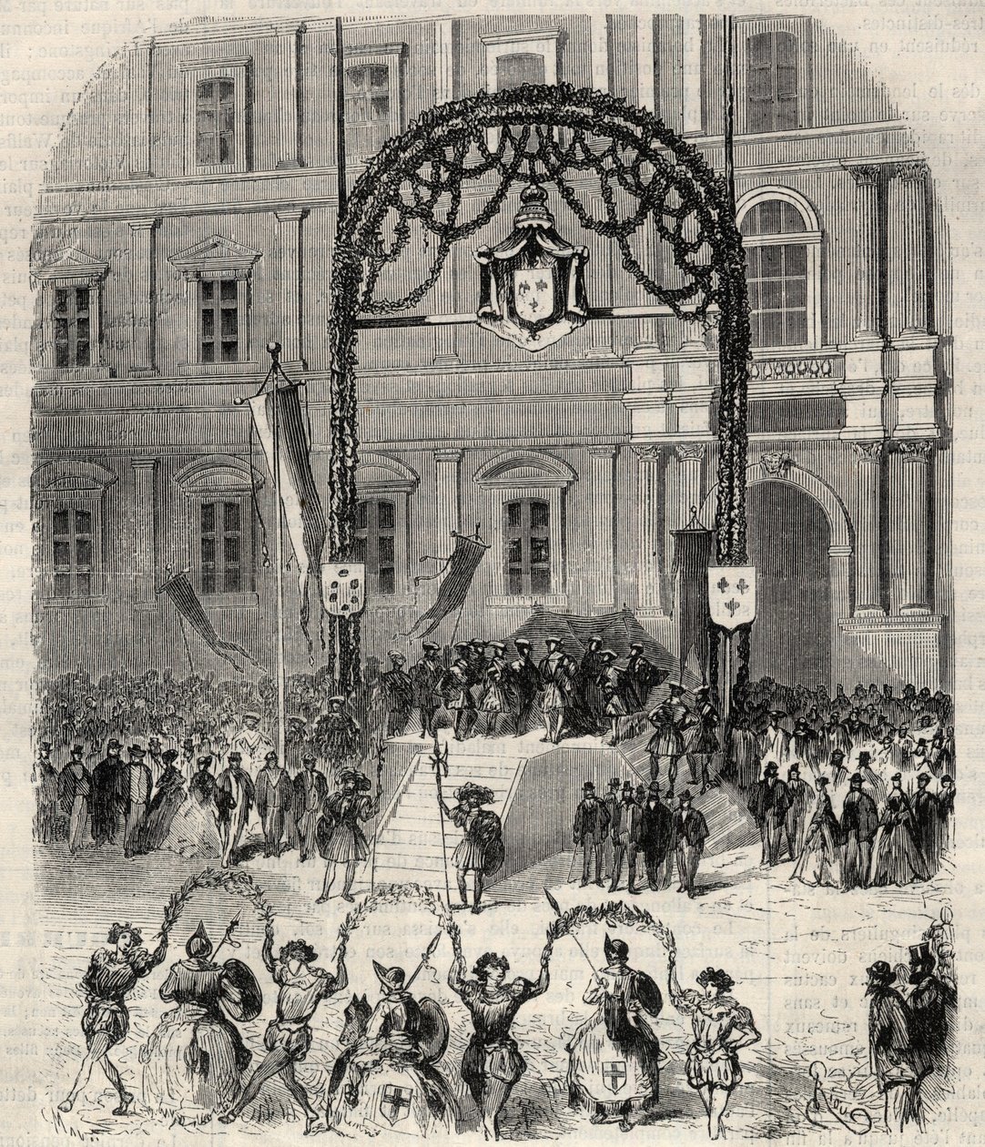 Hyväntekeväisyysjuhlat Marseillessa Francois I:n saapumisen muistoksi, jossa hän tapasi paavi Clement VII:n: farandole dansee -paikka Saint Ferreol (Saint-Ferreol) kuningas Francois I:n katsomossa. Kaiverrus "" L