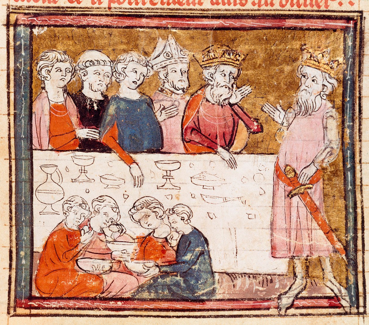 Charlemagne (742-814) ja hänen veljenpoikansa ratsastaja Roland juhlissa, jossa köyhä Miniatyyri "" Grandes Chronicles de Francesta"" 1375-1379 Municipal Library, Castres tekijältä Unknown artist