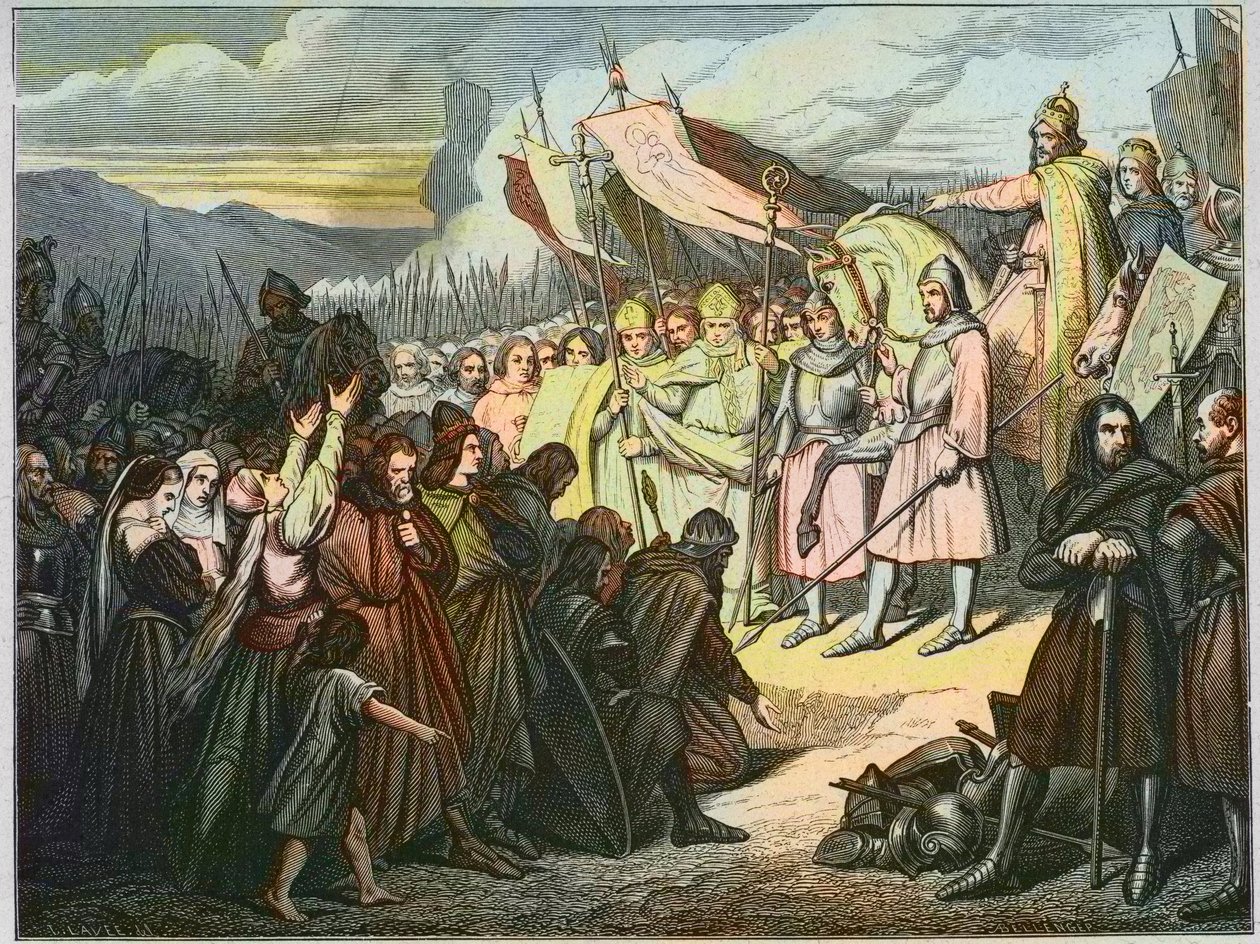Charlemagne hyväksyy Wittekindin antautumisen Paderbornissa (785) - Kaarle Suuren voitto (742-814) Saksin Widukindin (Wittekind) saksisesta käsivarresta vuonna 785 (Widukind tai Witikind - Widukind of Saxon wars: Saxonin kapteenien johtaja tekijältä Unknown artist