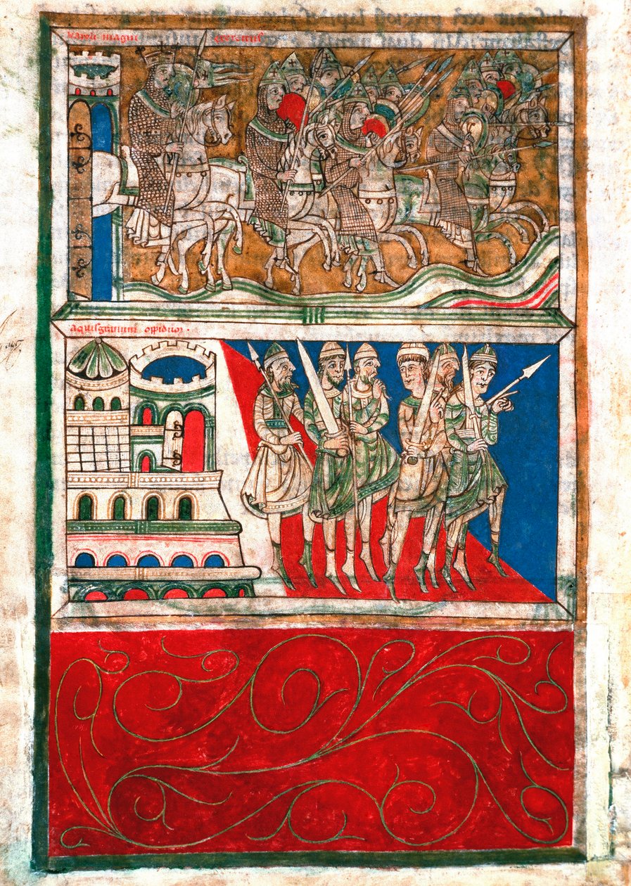 Charlemagne ja hänen ritarit lähtevät Aachenista ja menevät Santiago de Compostelan miniatyyriin "Codex Calixtinuksesta" (Pyhän Jaakobin kirja), noin 1140. fol. 162 v. Santiago de Compostelan katedraalin arkisto (Santiago de Compostela), Espanja tekijältä Unknown artist