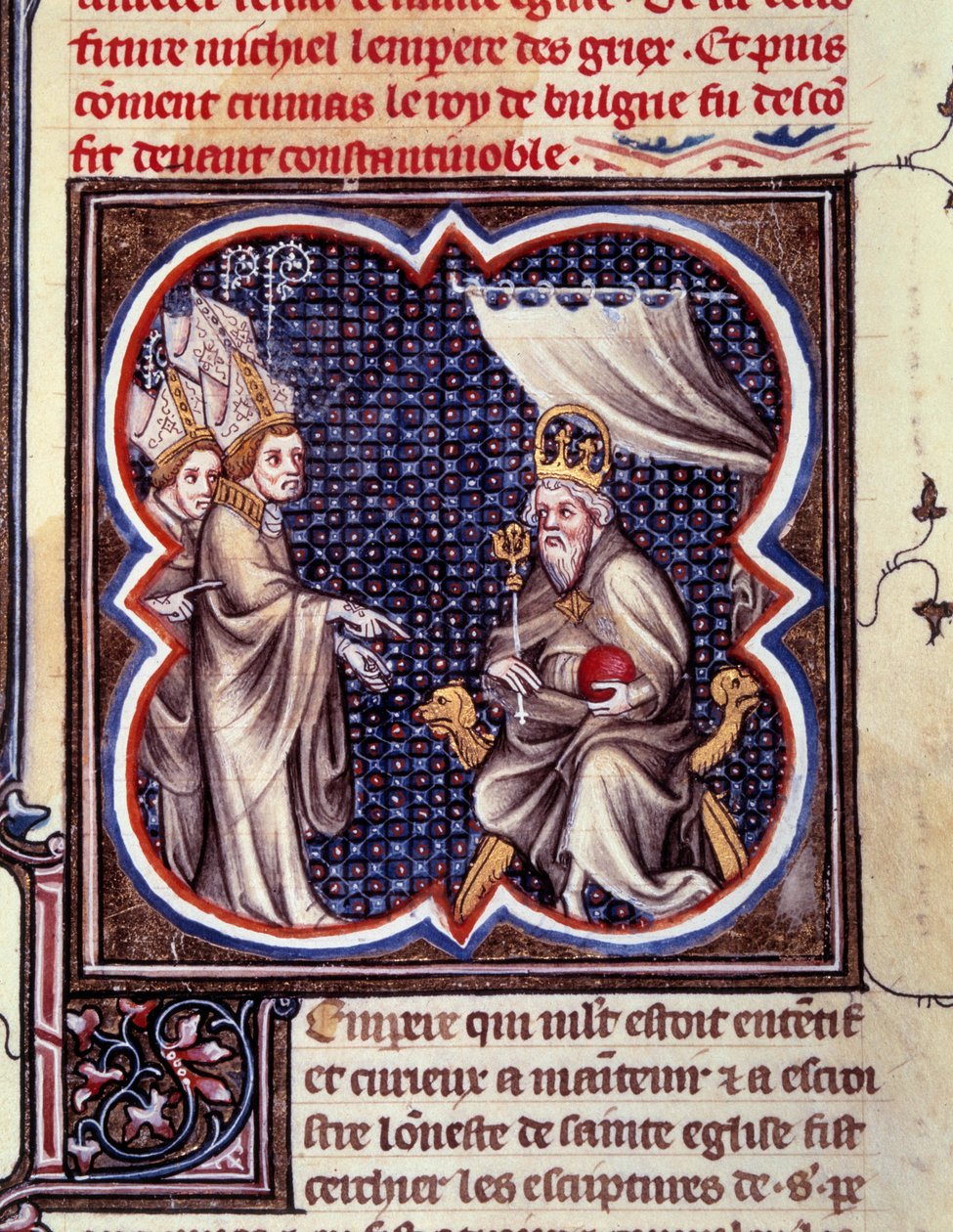 Kaarle Suuri ja eveques. Miniatyyri teoksessa Grandes Chronicles de France. Kaarle V:n Grandes Chronicles de France” (folio 102), noin 1375-1380. BN, Pariisi tekijältä Unknown artist