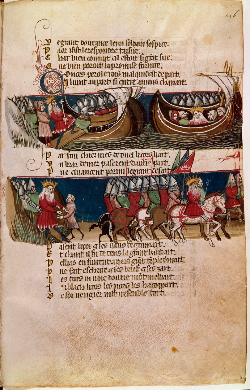 Charlemagne purjehtii ylös laivalla ja ohjaa alhaalla armeijoitaan valloitusten aikana (Miniature tekijältä Unknown artist