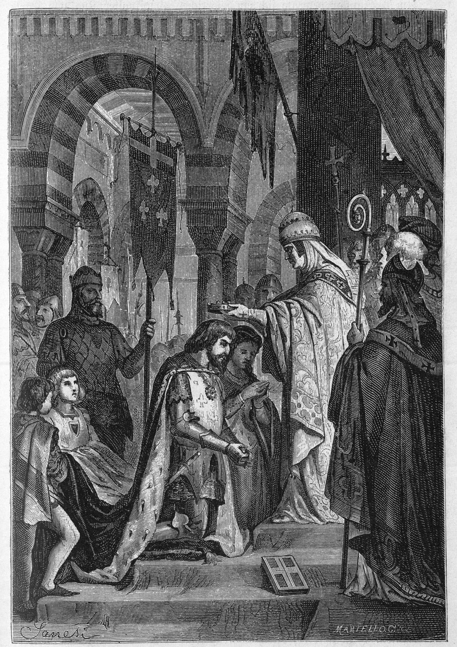 Anjoun Kaarle I (Sisilian Kaarle I) (1226-1285) sijoitettiin Sisilian kuningaskuntaan 28.6.1265 paavi Klemens IV (v. 1195-1268) toimesta. tekijältä Unknown artist