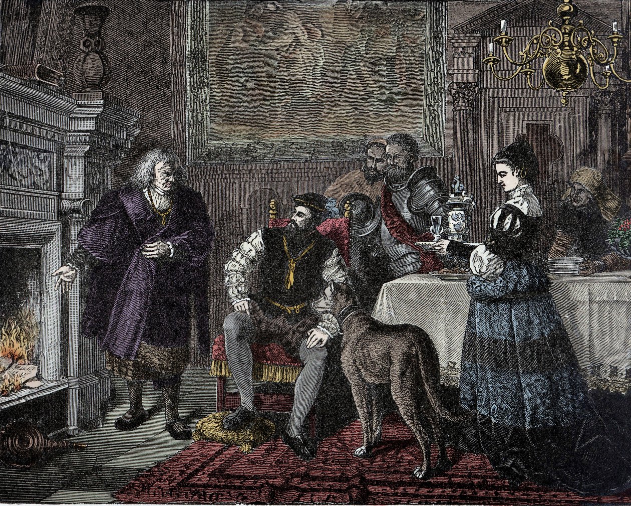 Kaarle V Fuggerin luona - Kaarle V (1500-1558) (Habsburgin Kaarle) saatu pankkiiri Jacob Fugger dit le Richeltä (1459-1525) Augsburgissa (Saksa) tekijältä Unknown artist