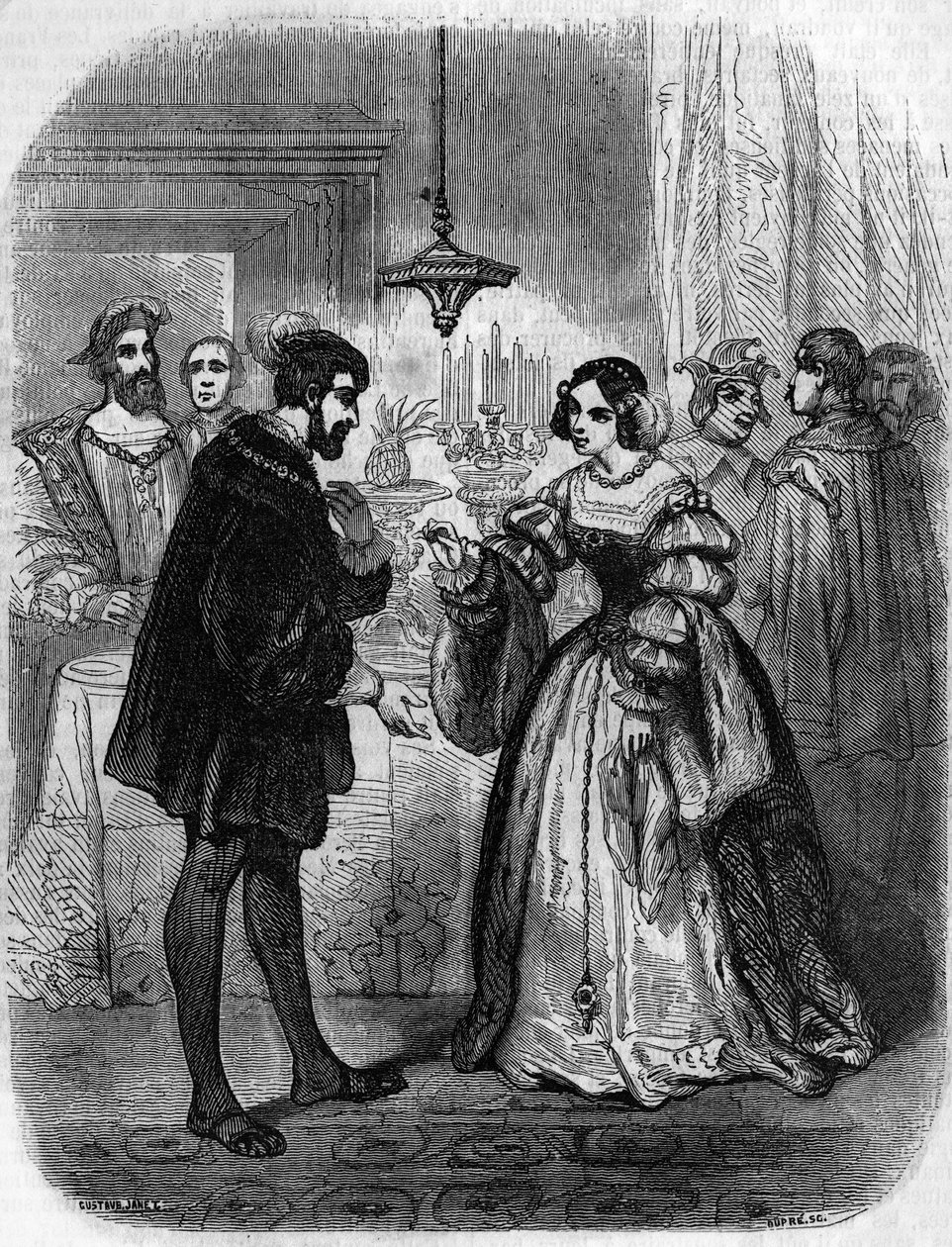 Kaarle V tai V (1500-1558) ja Anne de Pisseleu (1508/1580) Etampesin herttuatar, Francois I:n rakastajatar, lempinimeltään La Belle Feronniere. Kaiverrus 1800-luvulta. tekijältä Unknown artist