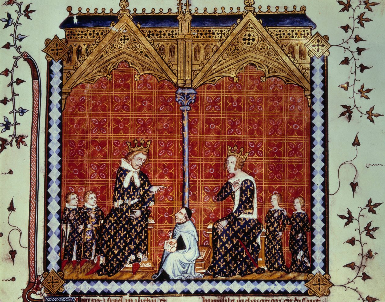 Charles V Viisas ja Jeanne de Bourbon lastensa ympäröimänä. Miniatyyri käsikirjoituksesta "" Rational des divins offices""" Folio 1, kuvannut Guillaume Durand ja kääntänyt Jean Golein tekijältä Unknown artist