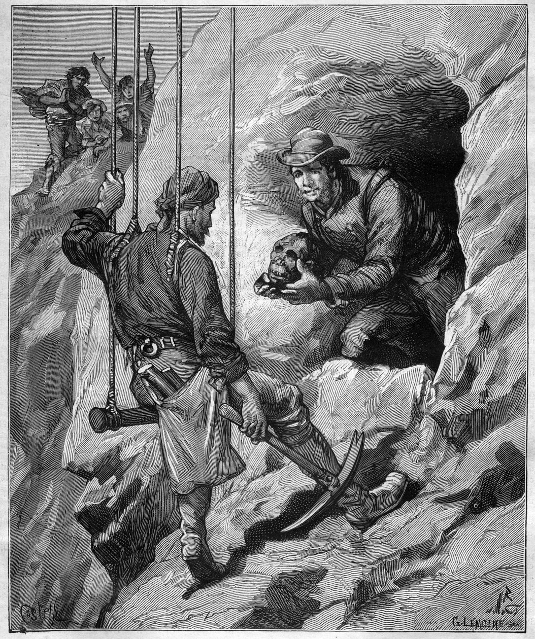 Charles Wiener (1851-1913) ranskalainen tutkimusmatkailija ja diplomaatti, joka tutkii Perun hautaluolaa - kaiverrus "" journal des voyages""" 1887 tekijältä Unknown artist