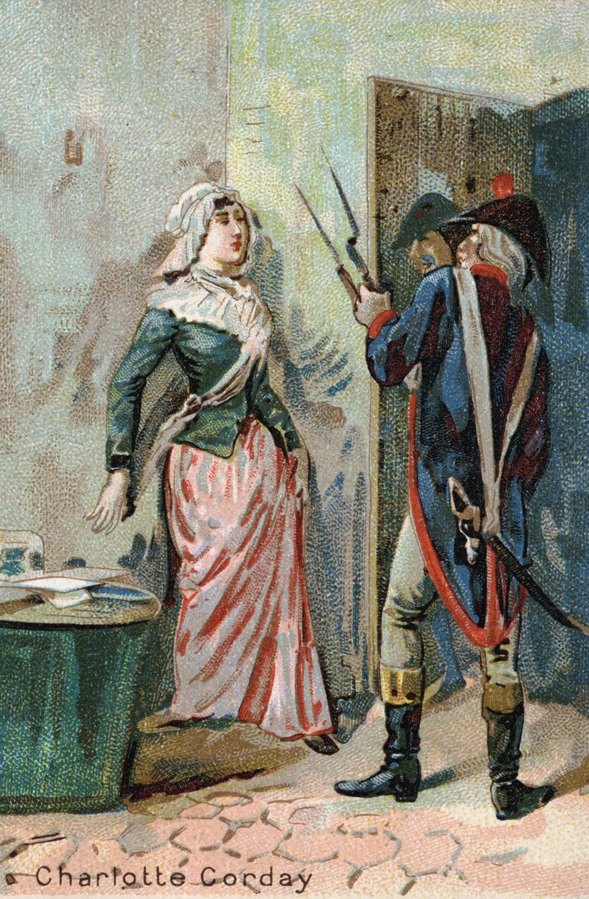 Charlotte Corday (1768 - 1793) Maratin murhan jälkeen. Liebigin kromolitografia 1800-luvulta tekijältä Unknown artist