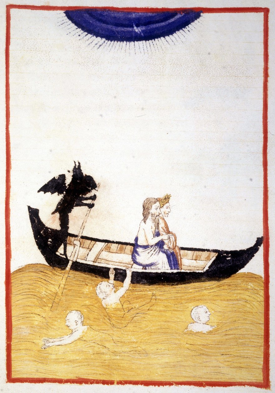 Charon (Caron) saa Danten ja Vergilius Acheronin ylittämään alamaailman joen - Dante Alighierin "Jumallisessa komediassa", pienoismalli 1300-luvun käsikirjoituksesta, Raamatusta. Riminin kunta. tekijältä Unknown artist