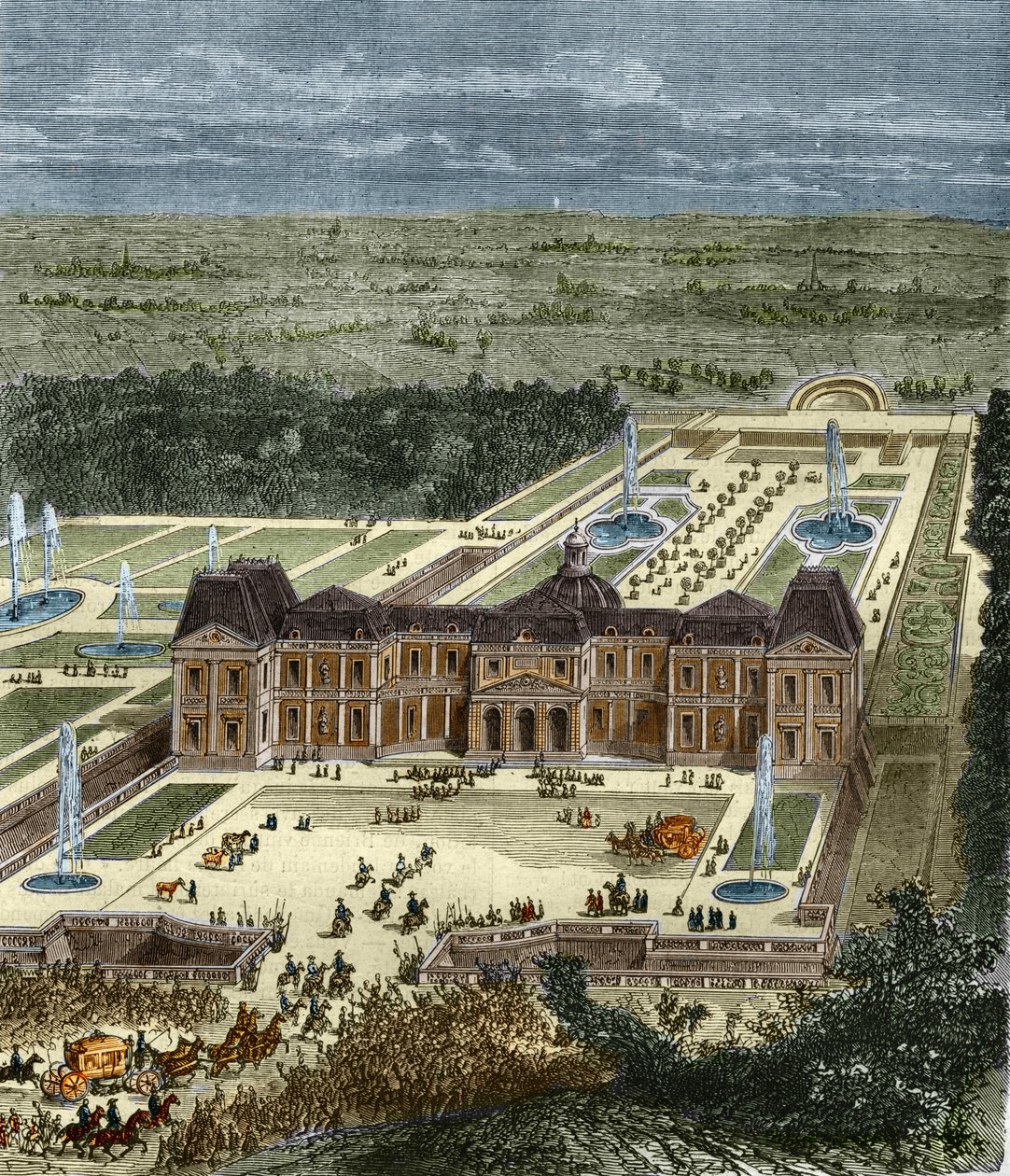 Chateau de Vaux Le Vicomte (Vaux-Le-Vicomte) kuningas Ludvig XIV:n aikaan. Kaiverrus 1800-luvulta. tekijältä Unknown artist