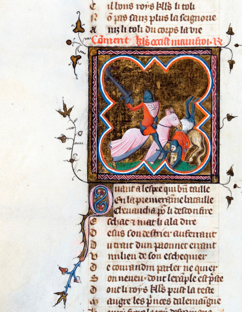 ""panssariritari"" Valaistu sivu Guillaume de Lorrisin (noin 1200-1238) ja Jean de Meunin (Meung) (1240-1305) käsikirjoituksesta "Le Roman de la Rose" noin 1353 Sveitsin Bibliotheque de Geneve tekijältä Unknown artist