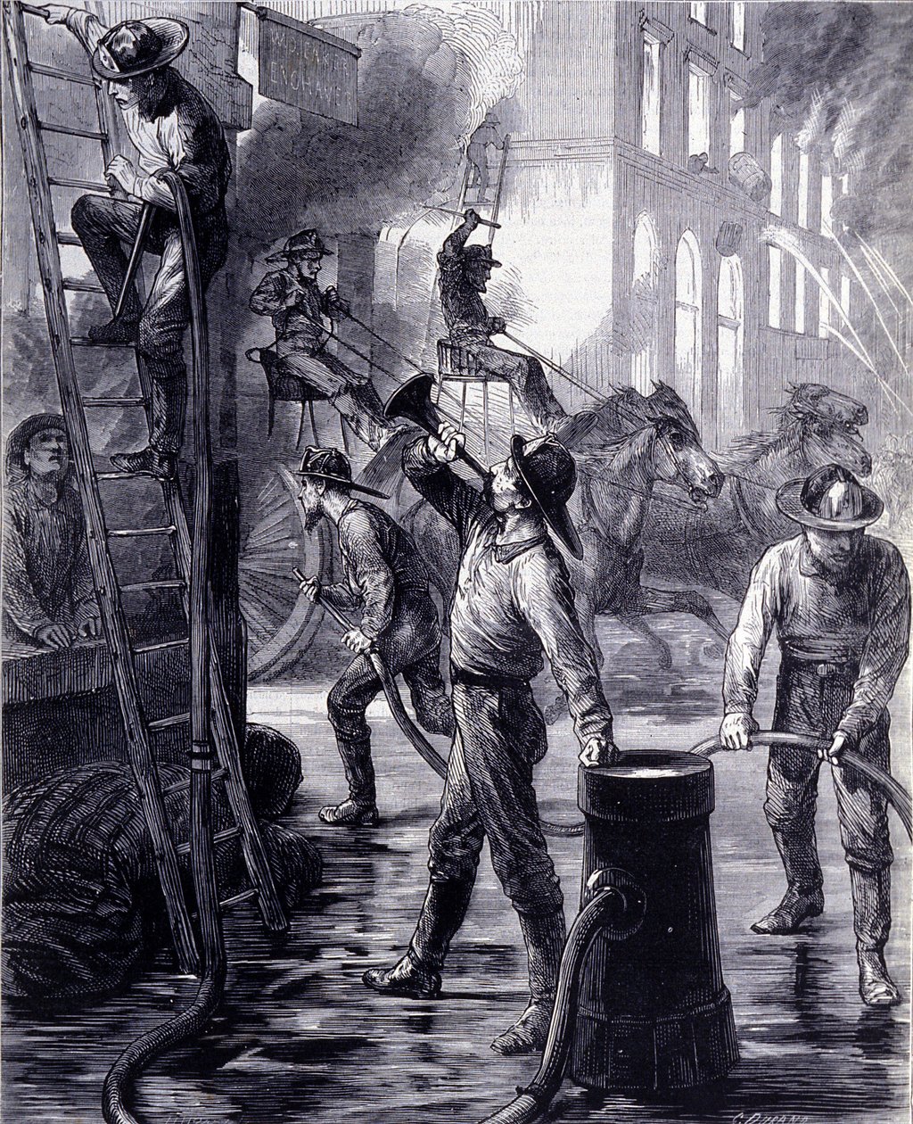 Chicagon palokunta sytyttää tulipalon, Yhdysvallat. 1800-luvulla tekijältä Unknown artist