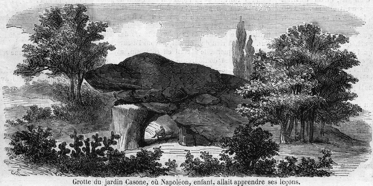 Napoleonin lapsuus 1.: näkymä puutarhan luolaan Casone Korsikassa tai Napoleon (1769-1821) oli menossa oppimaansa. Kaiverrus 1800-luvulta. tekijältä Unknown artist