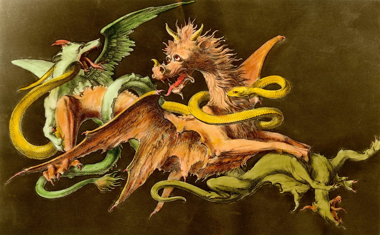Kimeerit Lohikäärme taistelee kahta hirviötä vastaan. Kaiverrus 1800-luvulta. tekijältä Unknown artist
