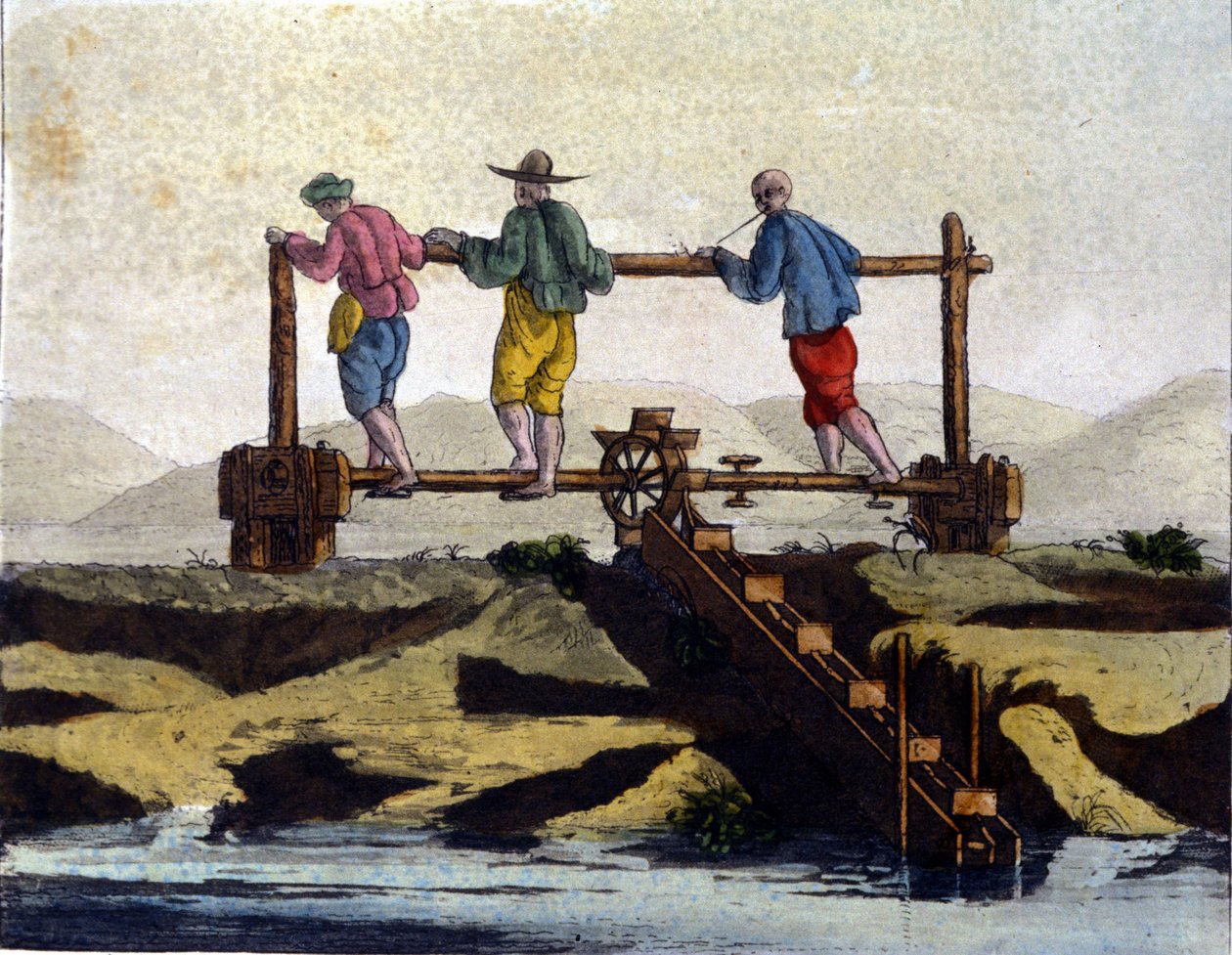 Kiina. Vesikastelujärjestelmä riisinviljelyyn. 1800-luvun printti. tekijältä Unknown artist