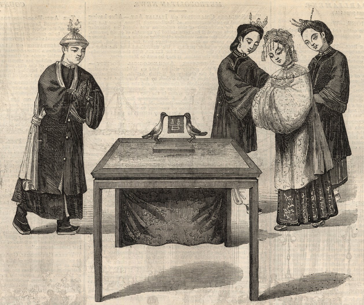 Kiinalainen tapa: avioliiton allekirjoittaminen. Tabletti, jossa on kahden puolison nimet, asetetaan pöydälle, jossa on kaksi kyyhkystä. Kaiverrus "" The Illustrated London News" -julkaisuun 14. helmikuuta 1857. tekijältä Unknown artist