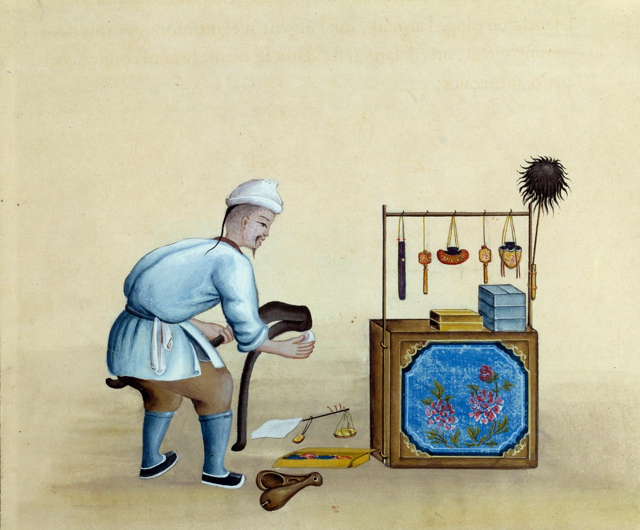 Kiinalaisen kauppiaan teroitussakset hopeaharkkojen leikkaamiseen. Piirustus 1600-luvulta. Pariisi. B N tekijältä Unknown artist