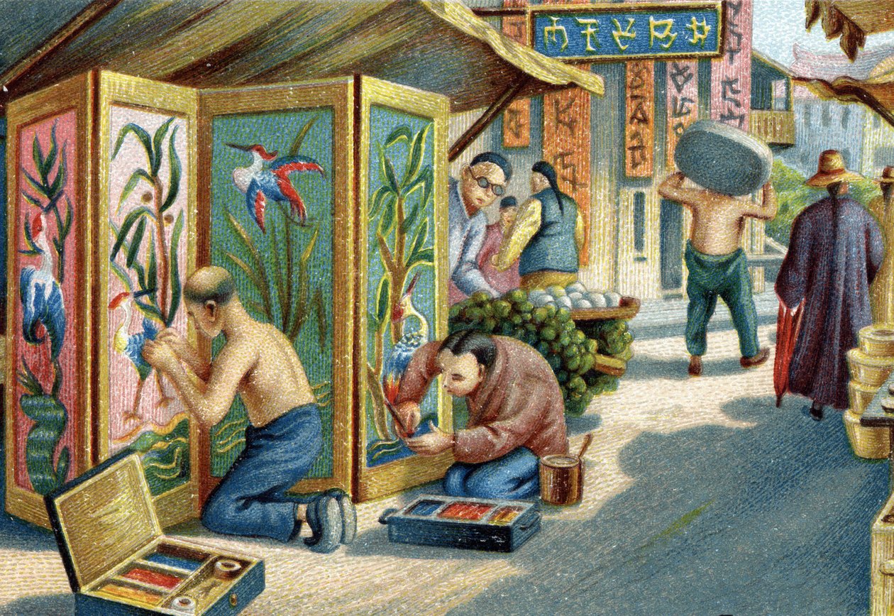 Kiinalaiset plumassiers työskentelevät kadulla: he tekevät paneeleja tai seuloja neulalla ja höyhenillä. 1800-luvun kromolitografia tekijältä Unknown artist