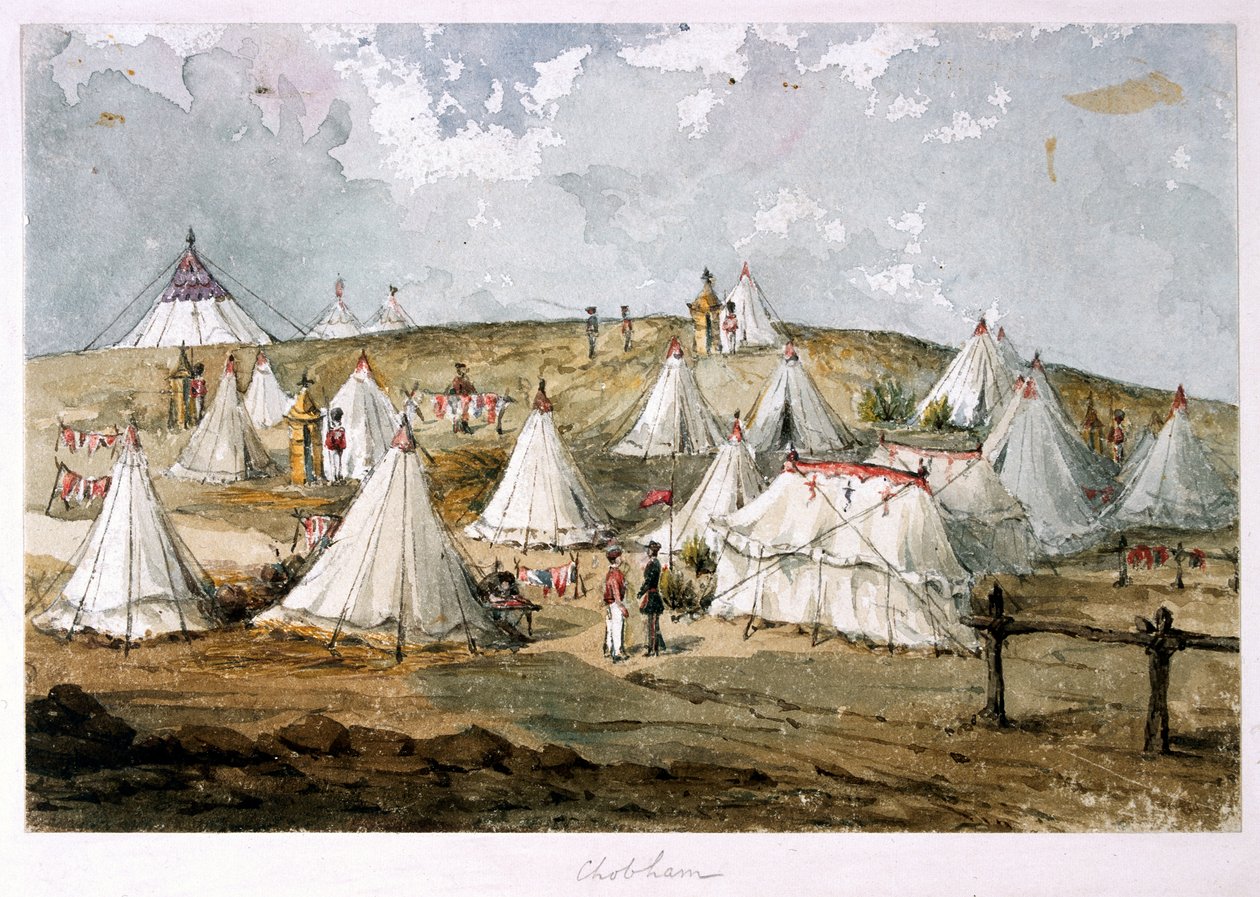 "Chobham, eversti Hodges", teltta Grenadier Guards -leiri. Kuningattaren teltta kukkulan yllä (akvarelli) tekijältä Unknown artist