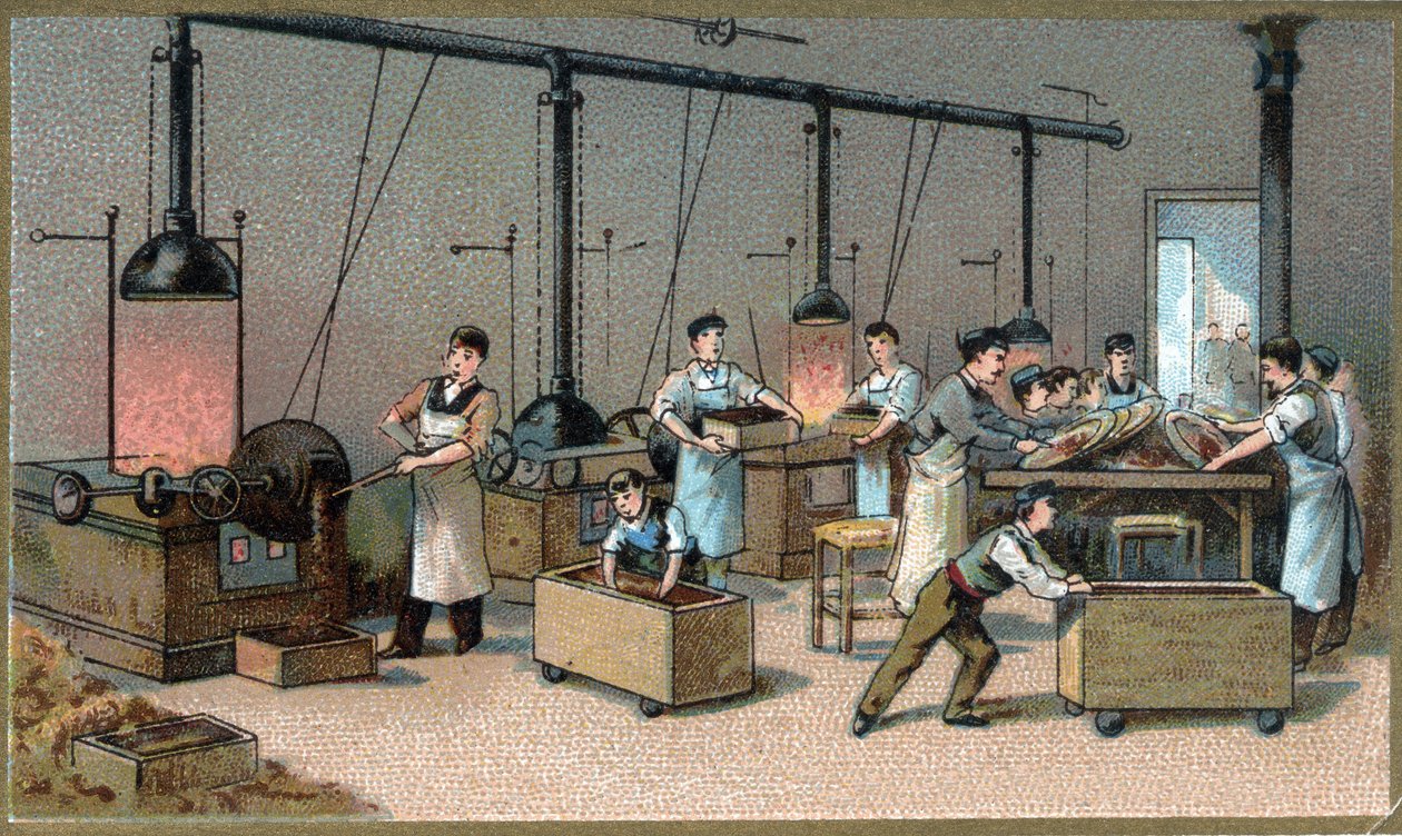 Suklaan valmistus. Kaakaon paahtohuone. 1800-luvun lopun kromolitografia tekijältä Unknown artist