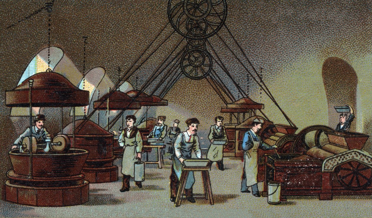 Suklaan valmistus: hiomapaja. 1800-luvun lopun kromolitografia tekijältä Unknown artist