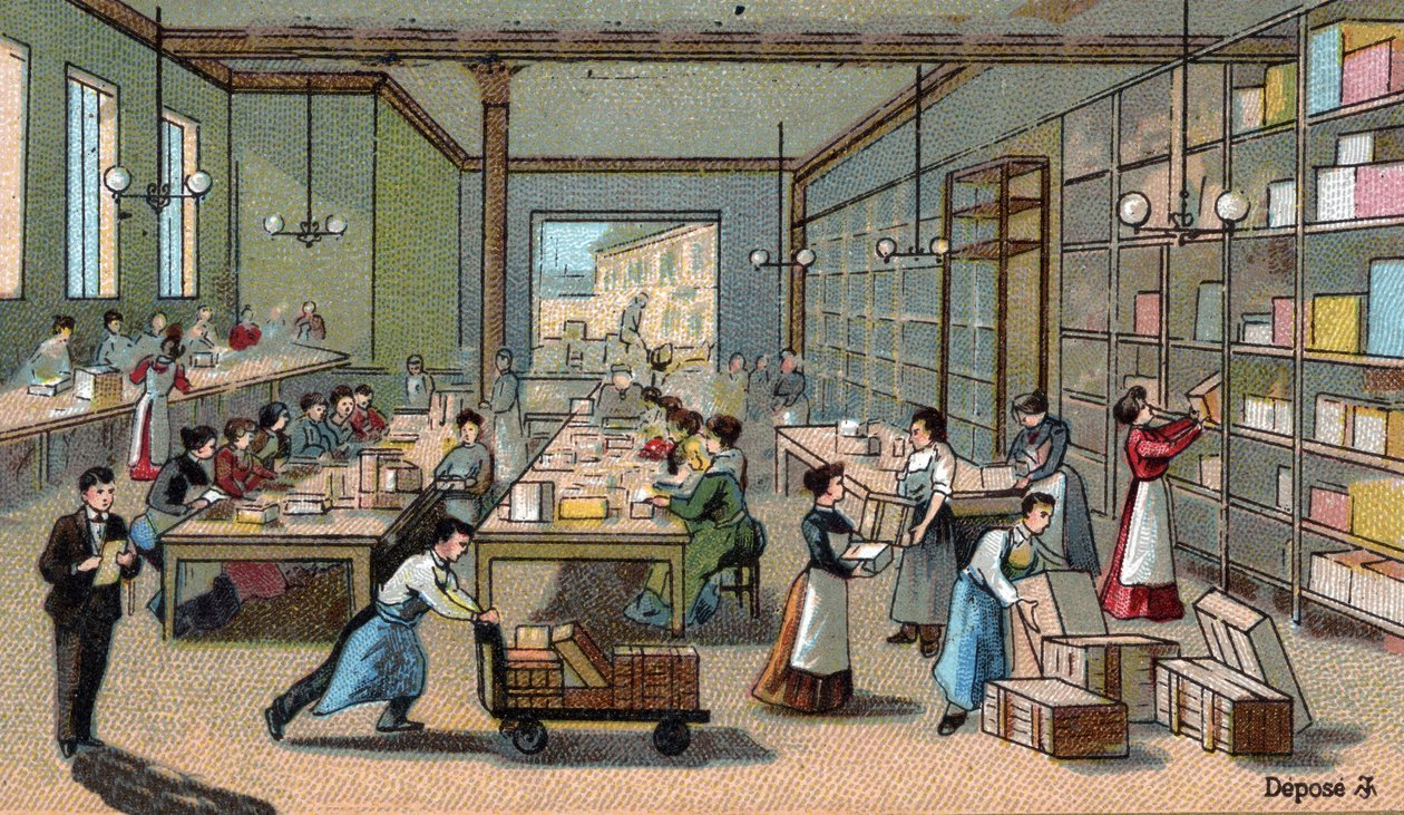 Suklaan valmistus: pakkaus, toimitus. 1800-luvun lopun kromolitografia tekijältä Unknown artist