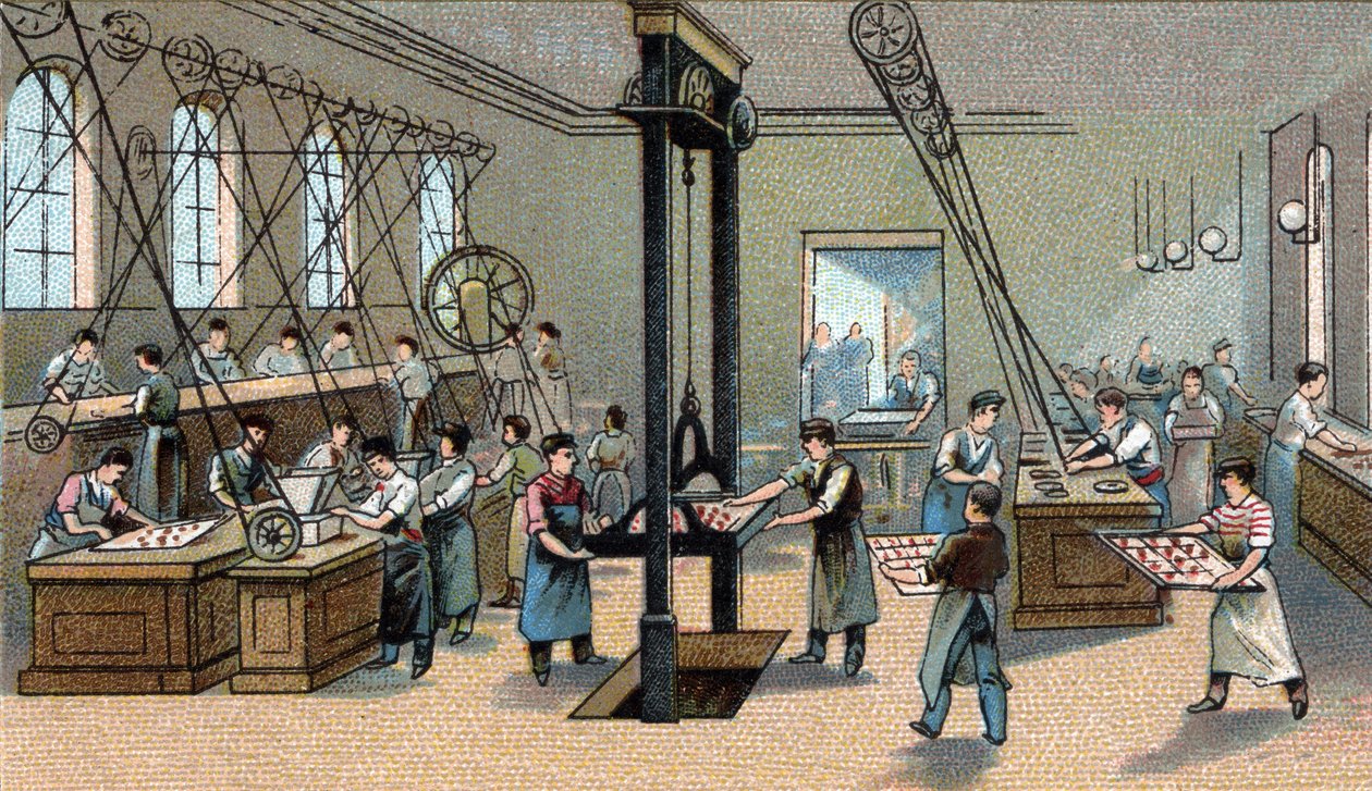 Suklaan valmistus: muovaus. 1800-luvun lopun kromolitografia tekijältä Unknown artist