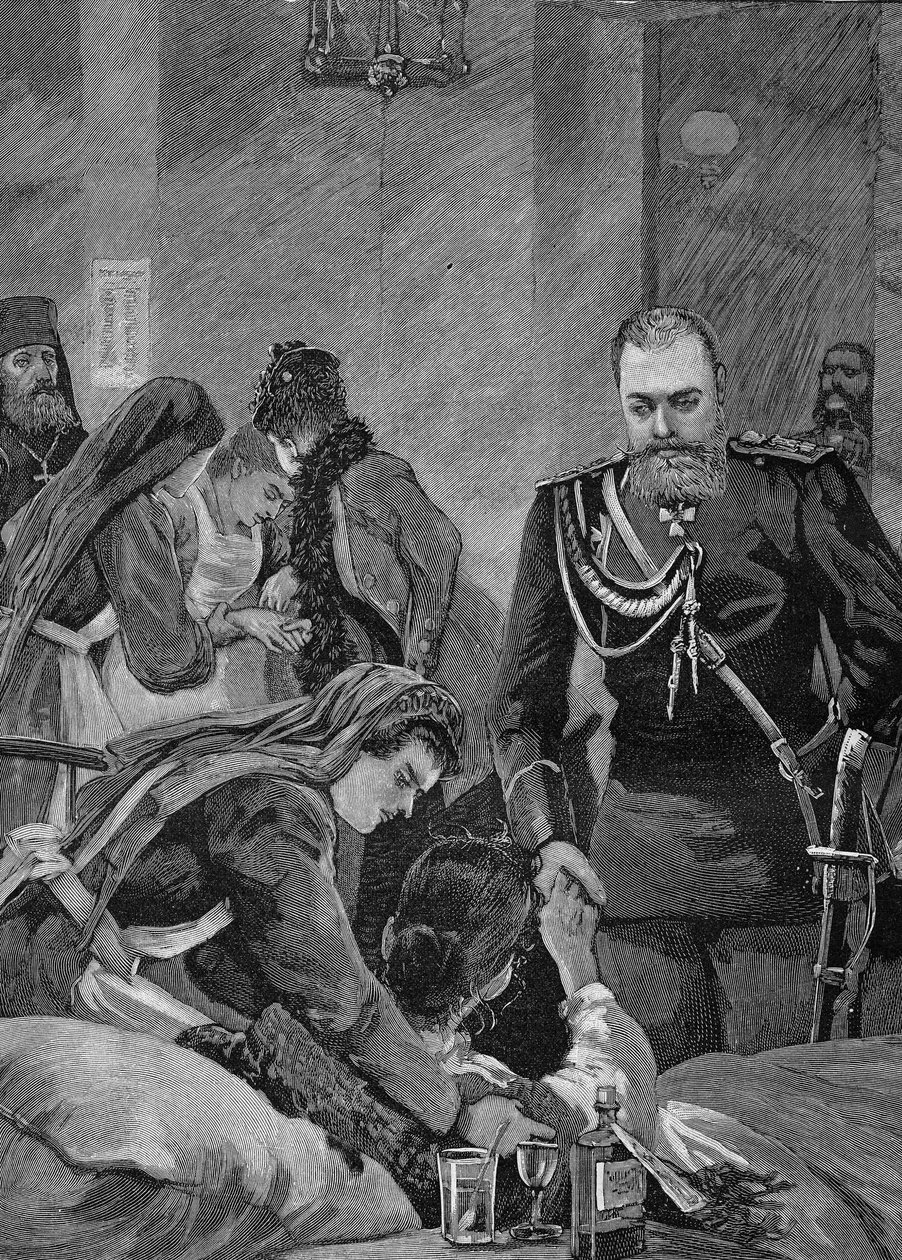 Kolera Venäjällä 1892: Venäjän keisari Aleksanteri III ja hänen vaimonsa Venäjän keisari Maria Feodorovna vierailevat sairaalassa. Kaiverrus vuodelta 1892. tekijältä Unknown artist
