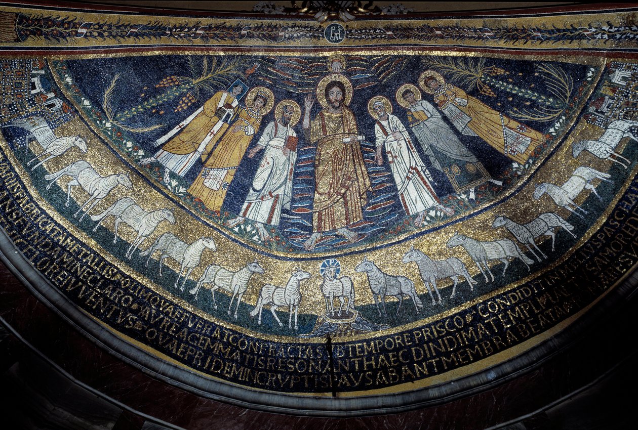 Kristus Pyhän Paavalin, Pyhän Cecilian, Pyhän Pascalin, Pyhän Pietarin, Pyhän Valerianon ja Pyhän Agatan keskuudessa (mosaiikki, 821) tekijältä Unknown artist