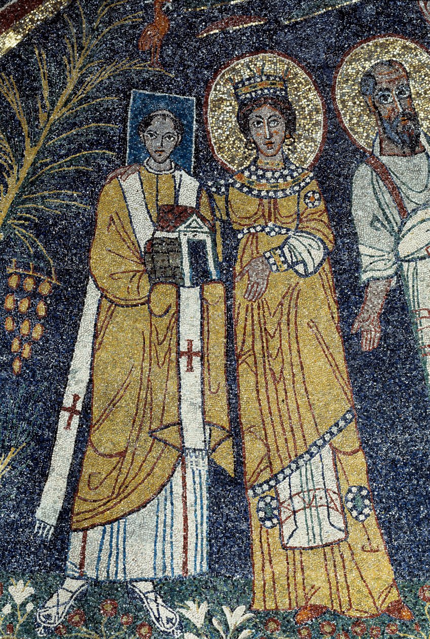 Kristus pyhän Paavalin, pyhän Cecilian, Pyhän Pascalin, Pyhän Pietarin, Pyhän Valerianon ja Pyhän Agatan joukossa (Mosaiikki, 821) tekijältä Unknown artist