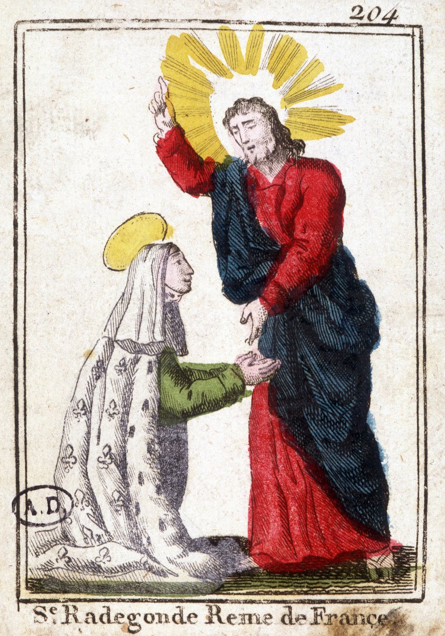 Kristus ja Saint Radegonde (n. 520 - 587), Ranskan kuningatar, Clotairen (Clothaire) vaimo I. Hurska kuva. Kaiverrus 1800-luvun alusta. Bibliotheque des Arts décoratifs de Paris. tekijältä Unknown artist