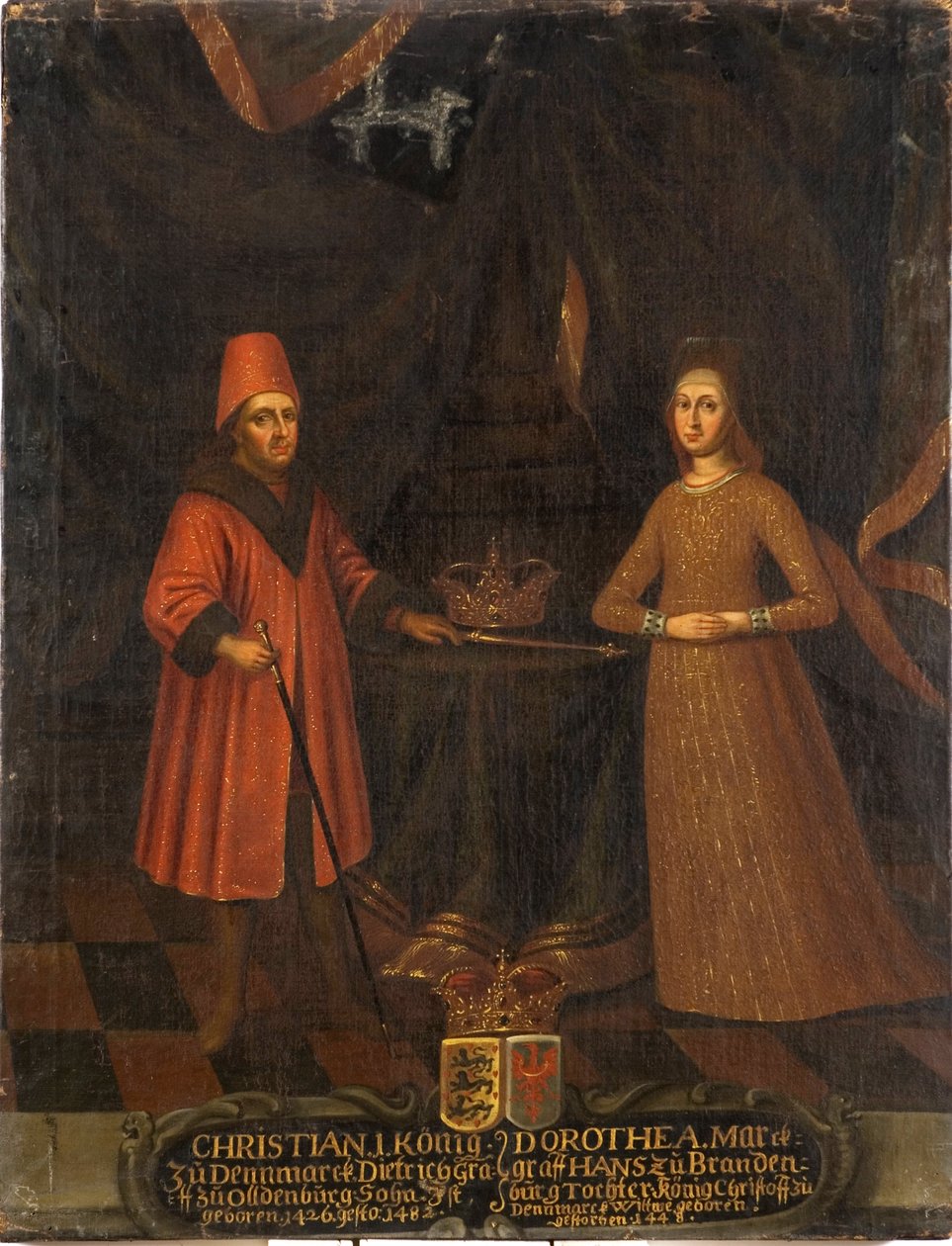 Tanskan, Norjan ja Ruotsin Christian I ja Brandenburgin kuningatar Dorothee Kulmbach - Tanskan kuningas Christian I (1426-1481) ja kuningatar Dorothea (1430-1496), Nimetön Öljy kankaalle. Mitat: 102x80 cm. Tukholman kansallismuseo tekijältä Unknown artist
