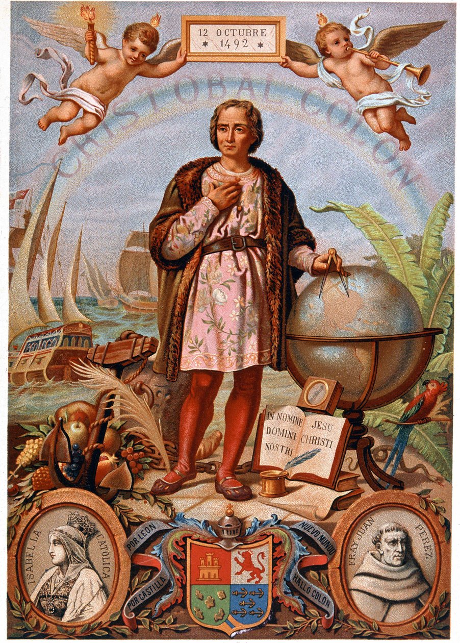 Kristoffer Kolumbus. Vasemmalla muotokuva Isabella Katolisesta, Kastilian kuningattaresta (1451-1504). Espanjalainen kromolitografia 1800-luvulta tekijältä Unknown artist