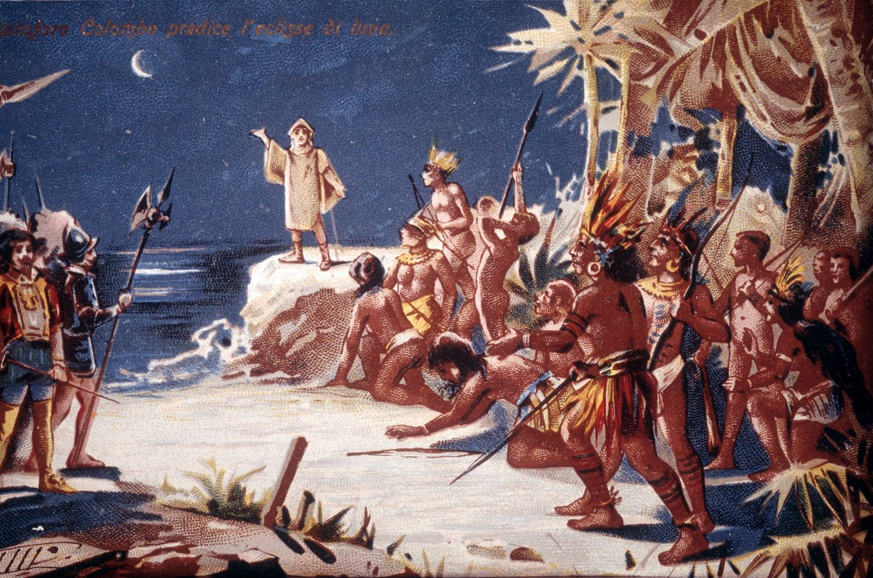 Kristoffer Kolumbus ennustaa intiaanien kuunpimennyksen. 1800-luvun kromolitografia. tekijältä Unknown artist