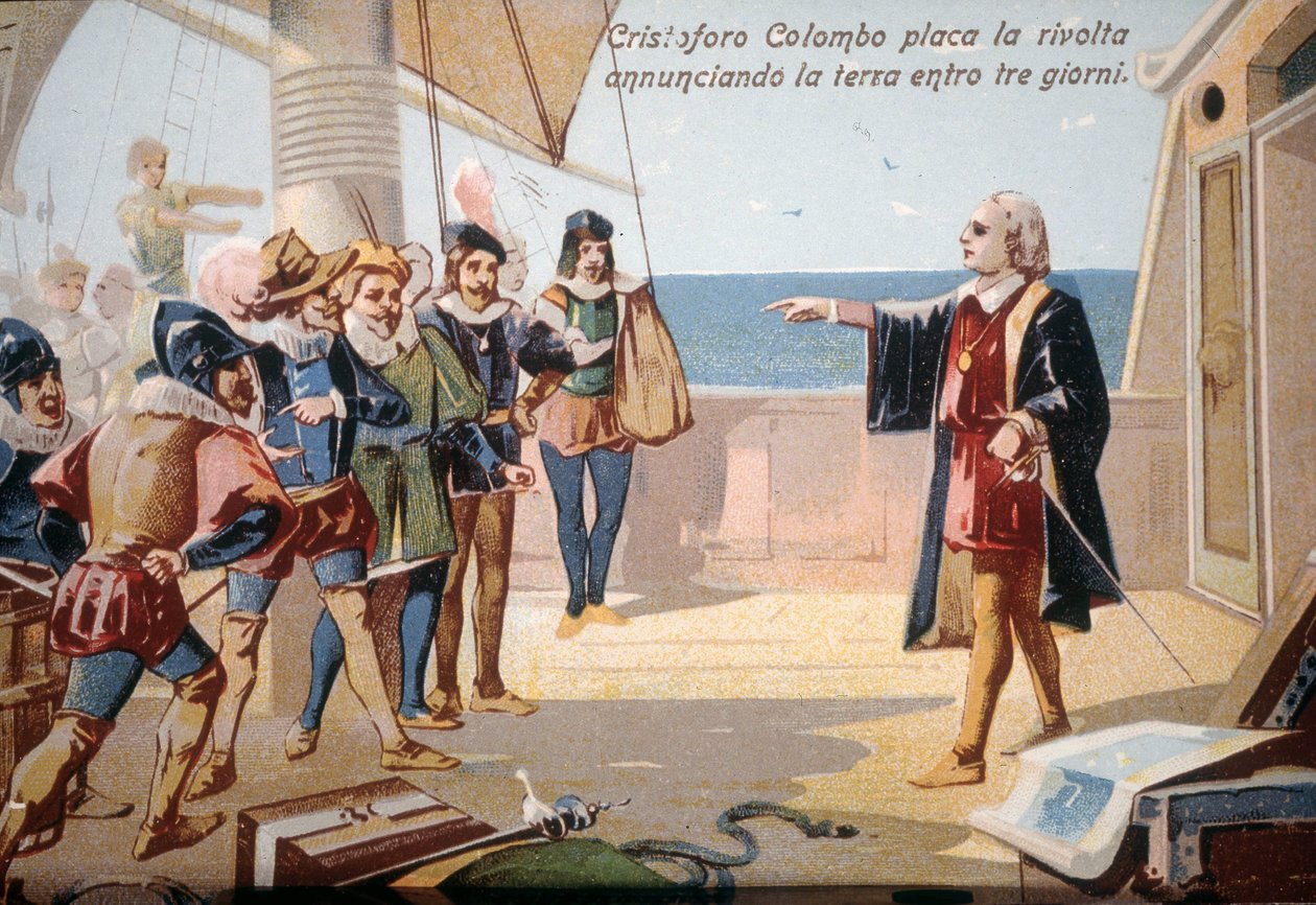 Christopher Columbus pysäytti miehistön kapinan ilmoittamalla maasta kolmessa päivässä. kromolitografia 1800-luvulla. tekijältä Unknown artist