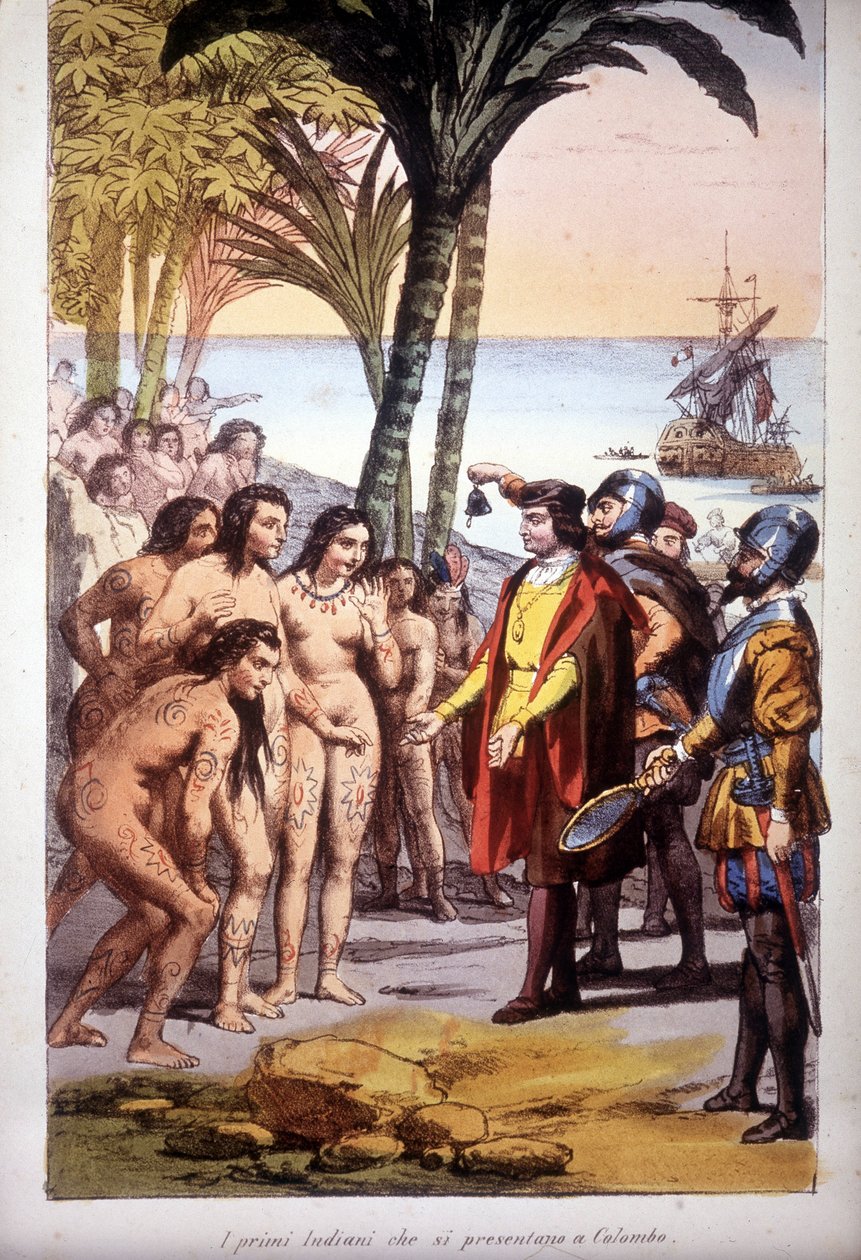 Kristoffer Kolumbuksen maihinnousu San Salvadorissa (Bahamasaaret) 10.12.1492: ensimmäiset intiaanit ilmestyivät ennen Kolumbusta. Kaiverrus 1850. tekijältä Unknown artist