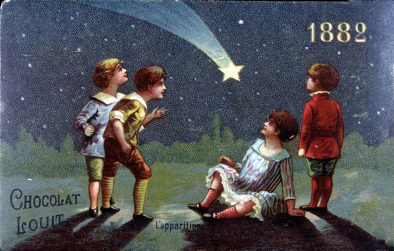 Kromolitografia Chocolat Louit vuodelta 1882. Lapset toivovat tähden ilmestyessä. tekijältä Unknown artist