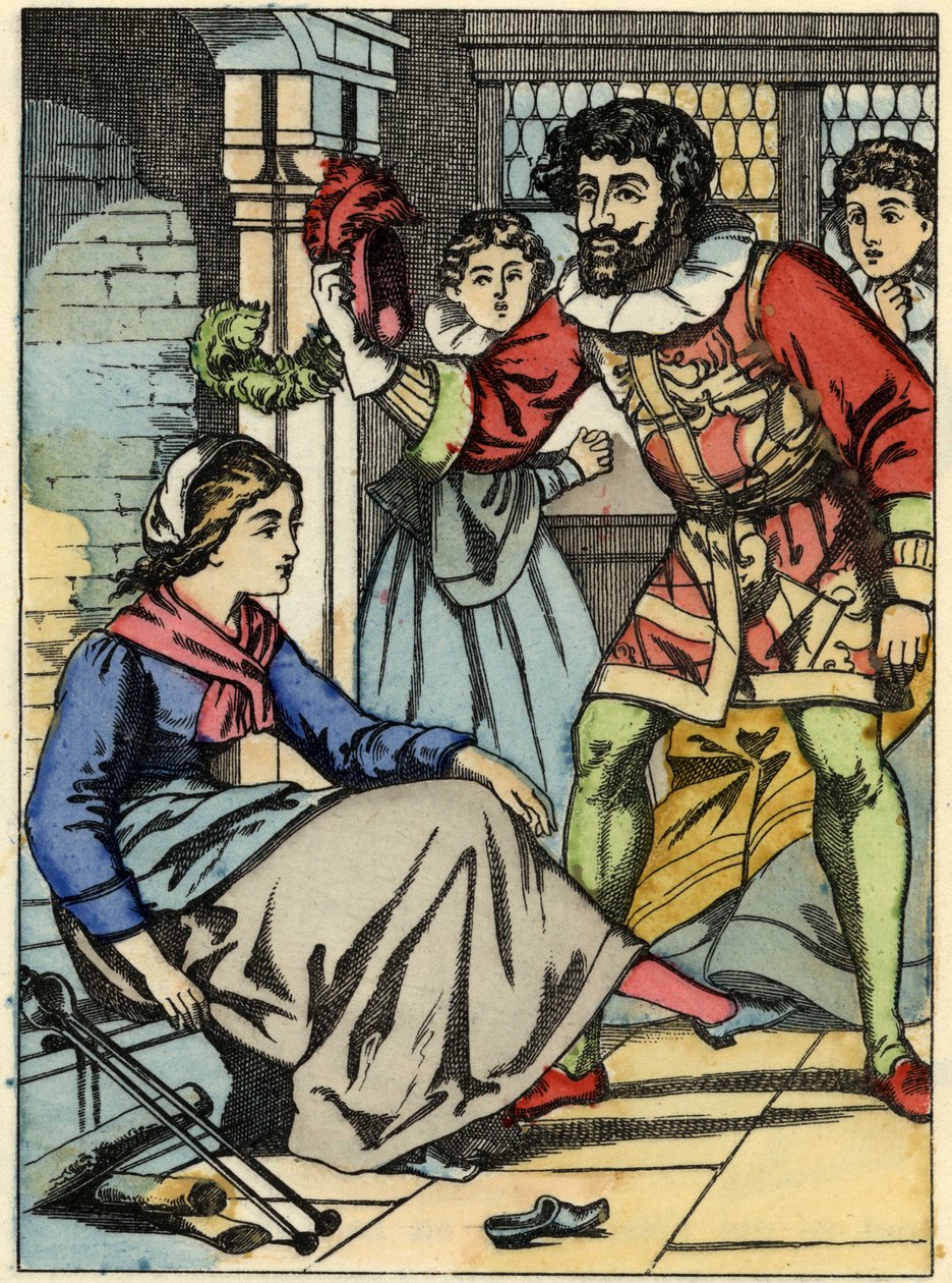 Cinderella kokeilee prinssin löytämää lasikenkää. Kuvitus Charles Perraultin tarinasta "Cinderella or La petite slipper de verre" tekijältä Unknown artist