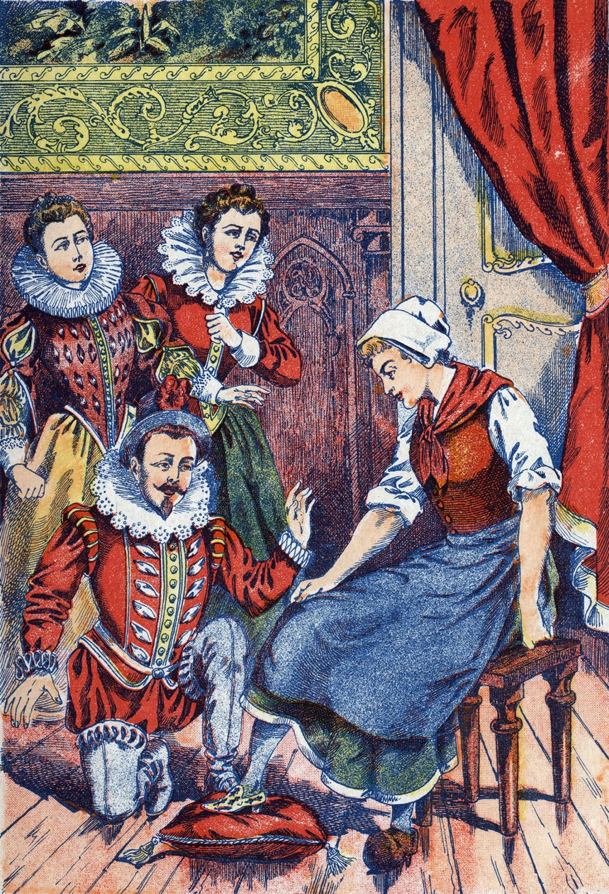 Cinderella kokeilee tohvelia. Anonyymi kuvitus "" Cinderella "", tarina Charles Perrault (1628-1703), ranskalainen kirjailija. Kuva Marcel Vagne, Jarville Nancy, päivätty (1800-luvun loppu). tekijältä Unknown artist
