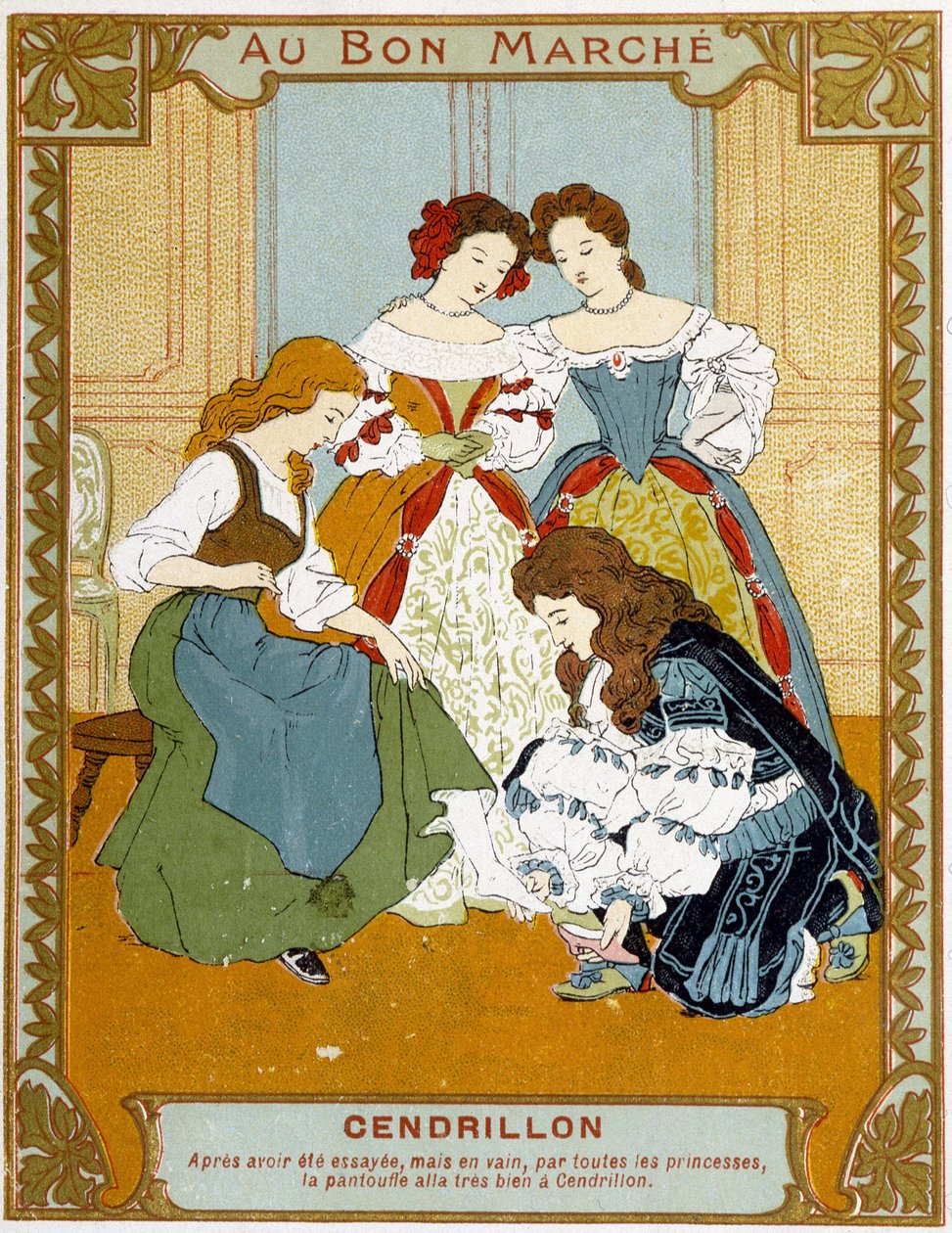 Cinderella kokeilee vair-tossua - Bon Marché -mainosmerkkiä tekijältä Unknown artist