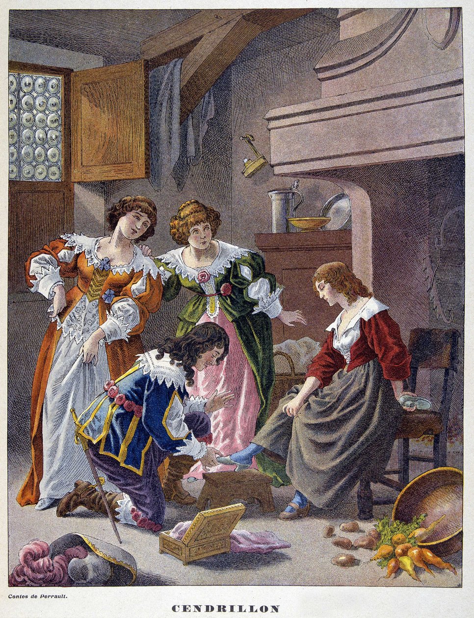 Cinderella kokeilee vairin tohvelia - elokuvassa "Les Tales de Perrault"" tekijältä Unknown artist