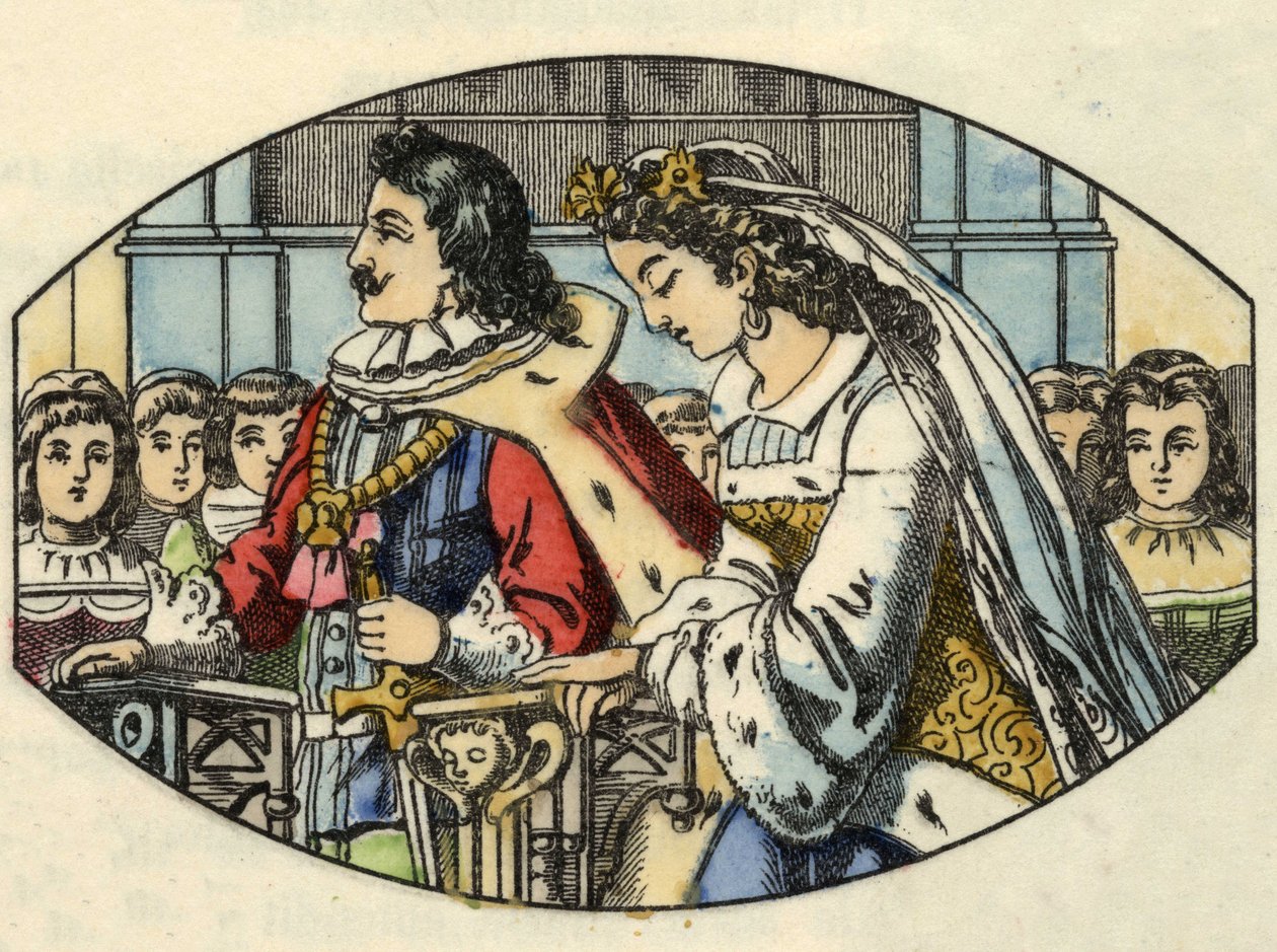 Tuhkimo häät prinssin kanssa. Kuvitus Charles Perraultin tarinasta "Cinderella or La petite slipper de verre" tekijältä Unknown artist