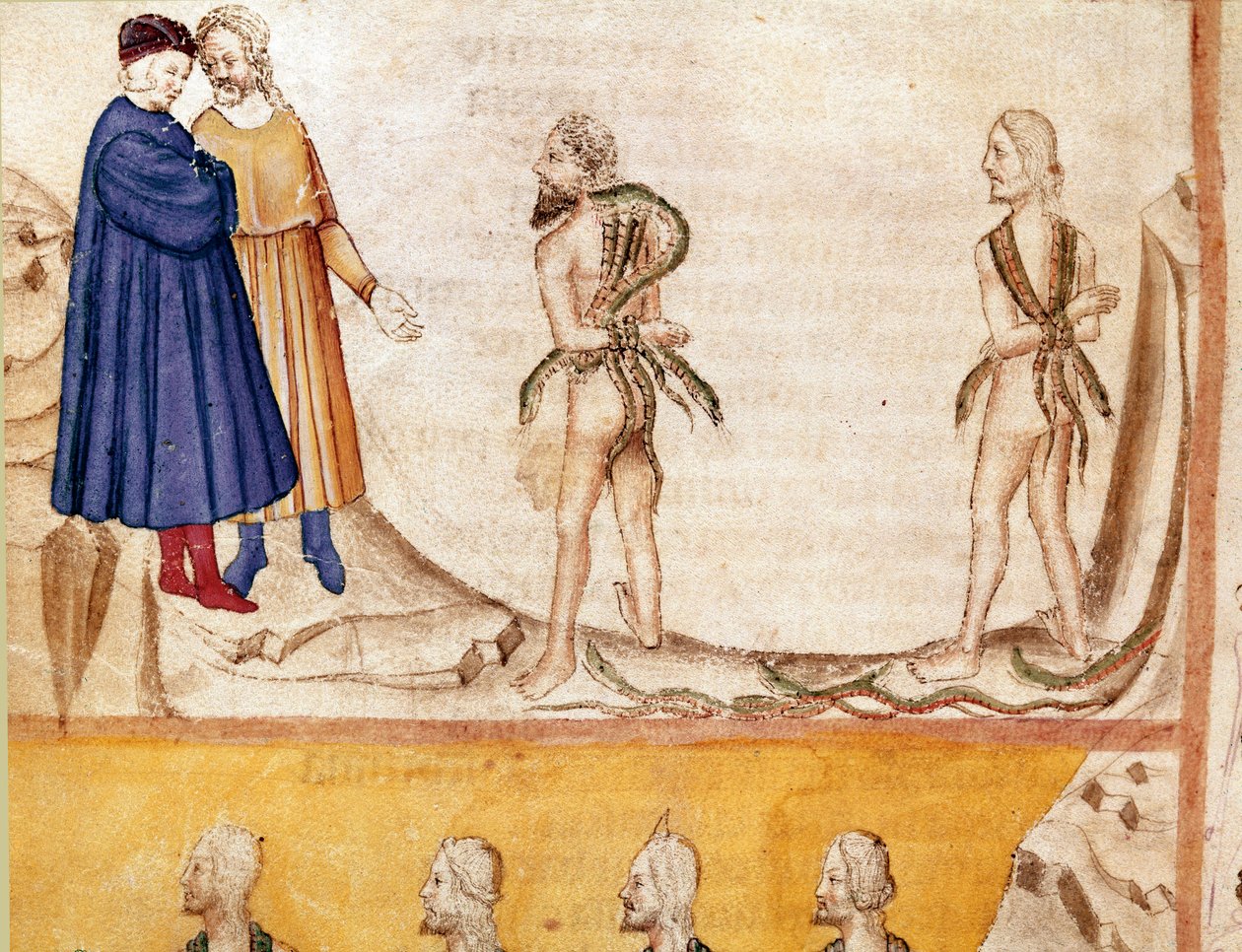Varkaiden ympyrä: Vanni Fucci (1200-luku) ennusti Dantelle ja Virgilille valkoisten guelfien tappion. Helvetin 24. laulua kuvaava valaistu sivu on peräisin Dante Alighierin (1265-1321) "Divina Commediasta". 1300-luku, Venetsia, Bibliotec tekijältä Unknown artist