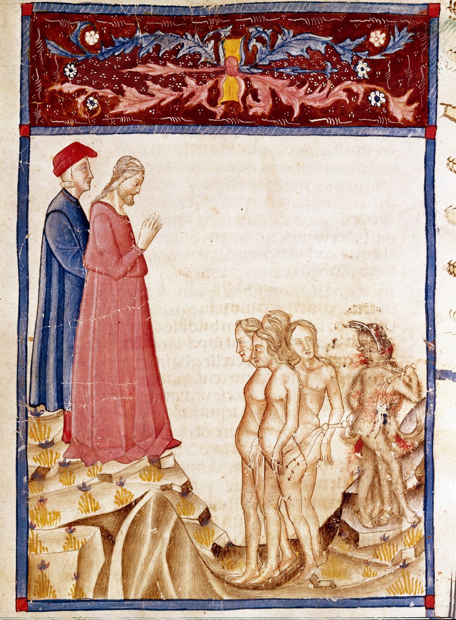 Petturien ympyrä: Dante ja Virgil tapaavat hyväntekijöiden pettureiden sielut. Helvetin 34. laulua kuvaava valaistu sivu on peräisin Dante Alighierin (1265-1321) "Divina Commediasta". 1300-luku, Venetsia, Biblioteca Marciana tekijältä Unknown artist