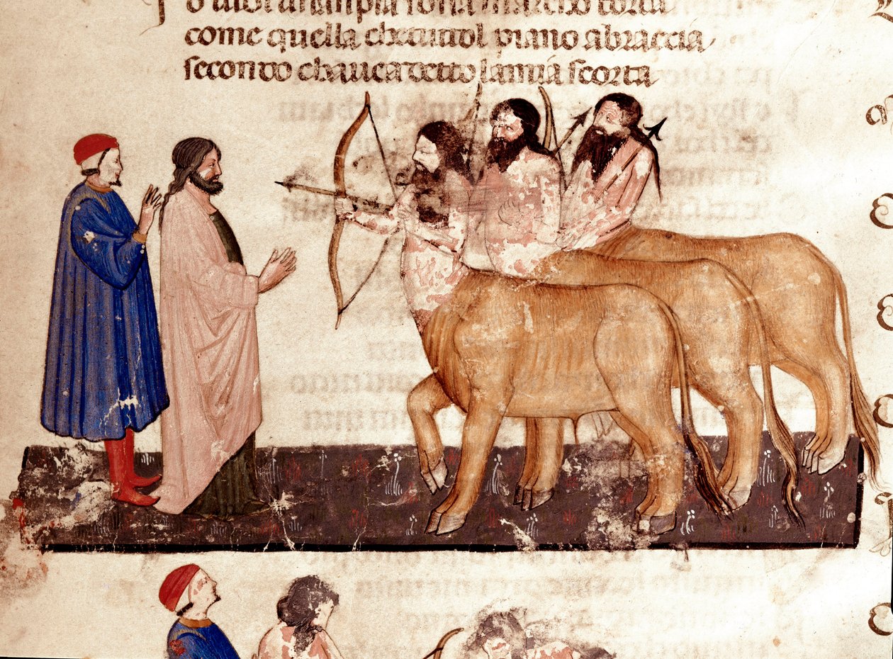 Väkivaltaisten ympyrä: Dante ja Virgil tapaavat kentaurien jouset ja nuolet. Valaistu sivu, joka havainnollistaa Helvetin seitsemännen kappaleen Dante Alighierin (1265-1321) "Divina Commediasta". 1300-luku, Venetsia, Biblioteca Marciana tekijältä Unknown artist