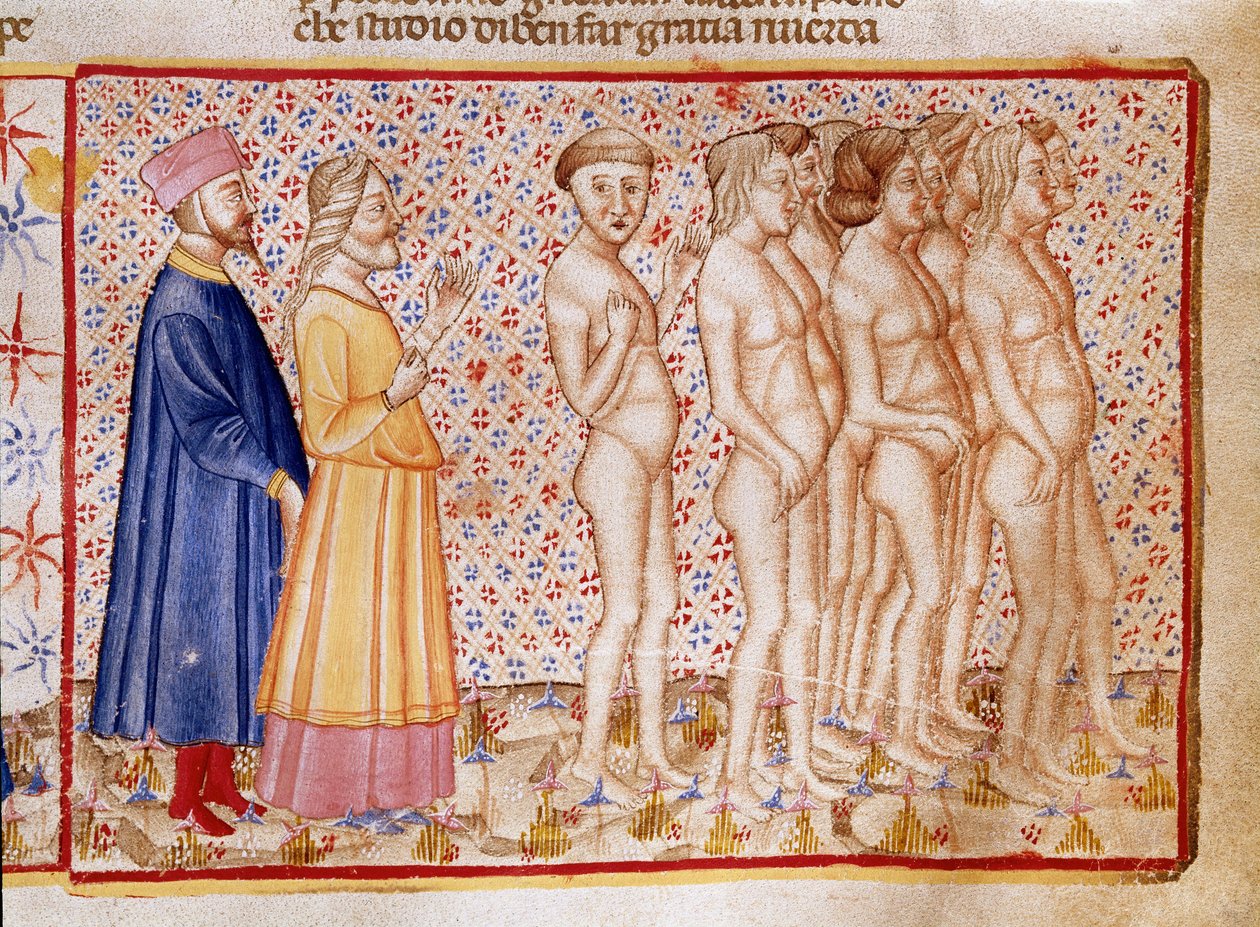 Väkivaltainen kierre Jumalaa, luontoa ja taidetta kohtaan: Dante ja Vergilius kohtaavat jumalanpilkkaajia. Valaistu sivu, joka havainnollistaa Hell-laulua Dante Alighierin (1265-1321) "Divina Commediasta". 1300-luku, Venetsia, Biblioteca Marciana tekijältä Unknown artist