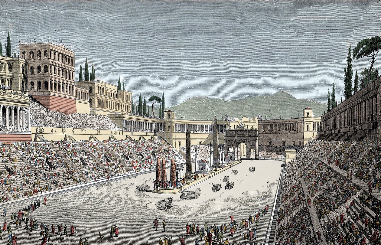 Circus Maximus - Suuri sirkus tai sirkus Maxime, Roomassa, vaunukilpailun kanssa - Värikaiverrus tekijältä Unknown artist
