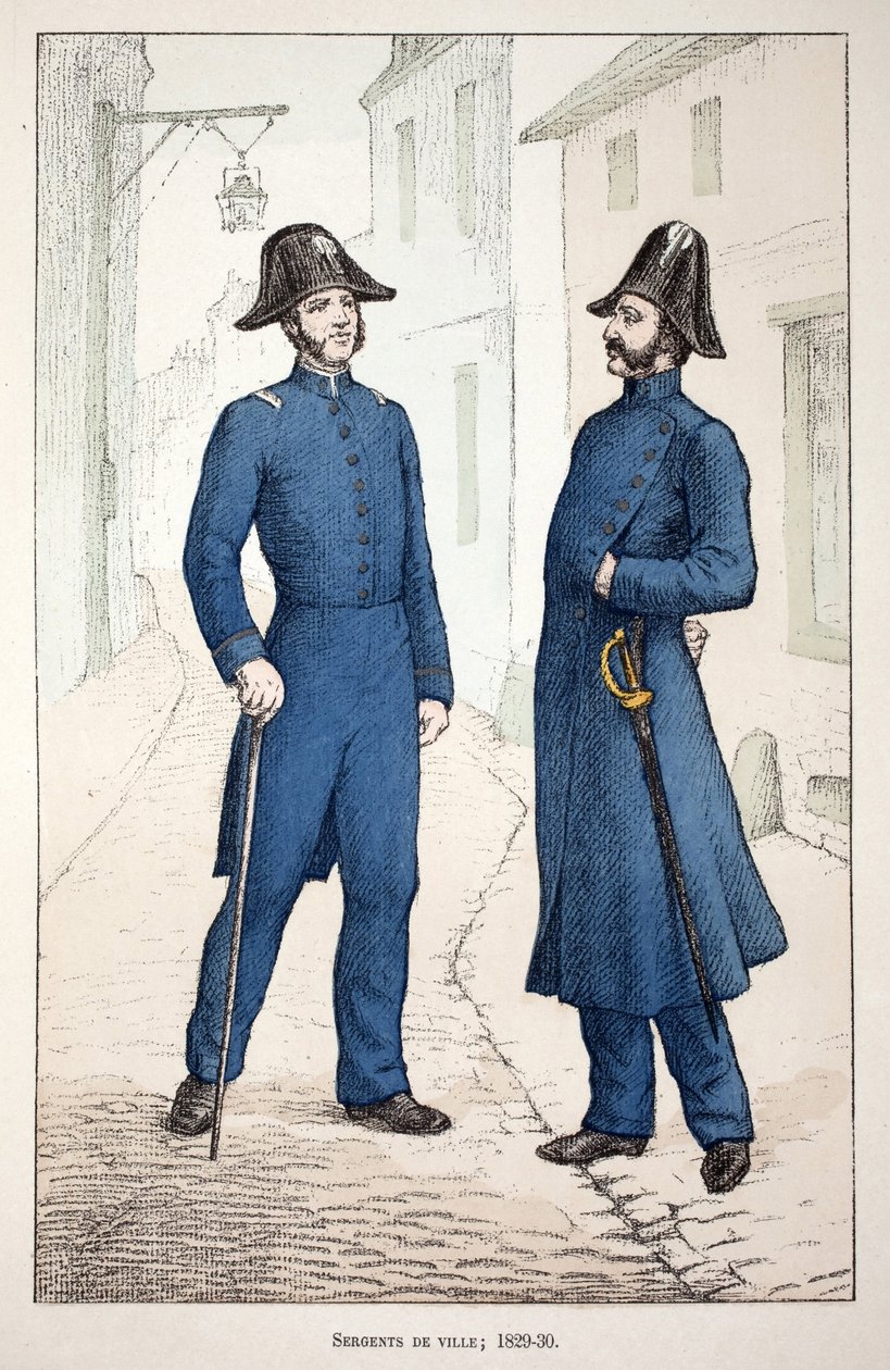 Kaupungin kersantti (1829-1830). Etsaus väreillä, havainnollistava "" Rauhanturvaajien joukkojen historia"" -kirja, joka on julkaistu Louis Lepinen (1846-1933) Seinen poliisin prefektin suojeluksessa, Alfred Rey (1864-?) ja Louis Feron (1862). -?) tekijältä Unknown artist